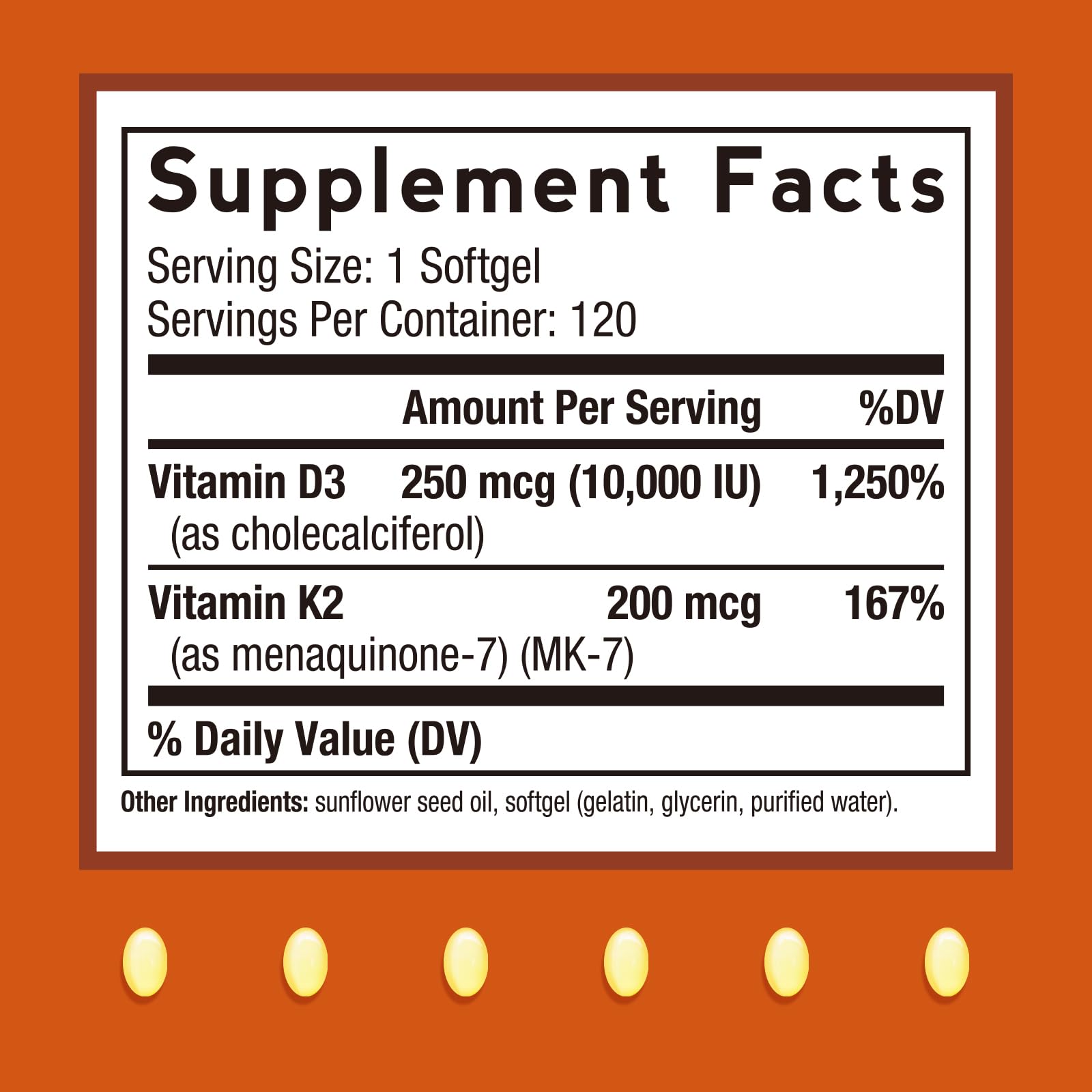 Brand Doctor's Recipes etiqueta frontal Vitamina D3 K2 con dosis diaria para absorción.