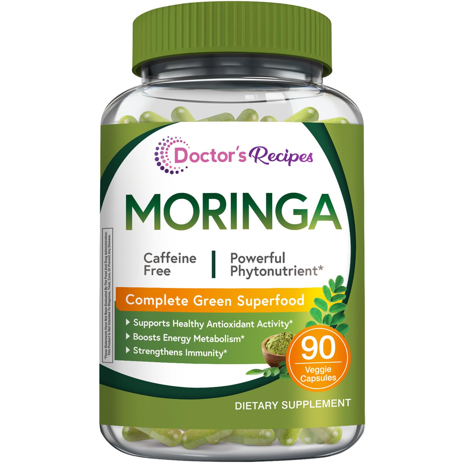 Doctor's Recipes Moringa: cápsulas en frasco para energía diaria.