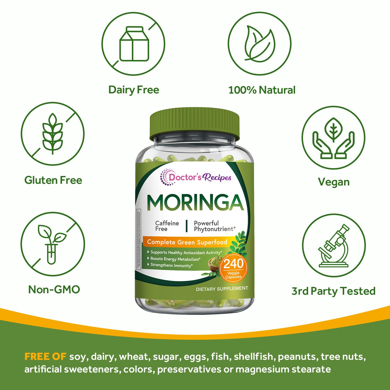 Doctor's Recipes Moringa cápsulas veganas: conveniencia sin alérgenos.