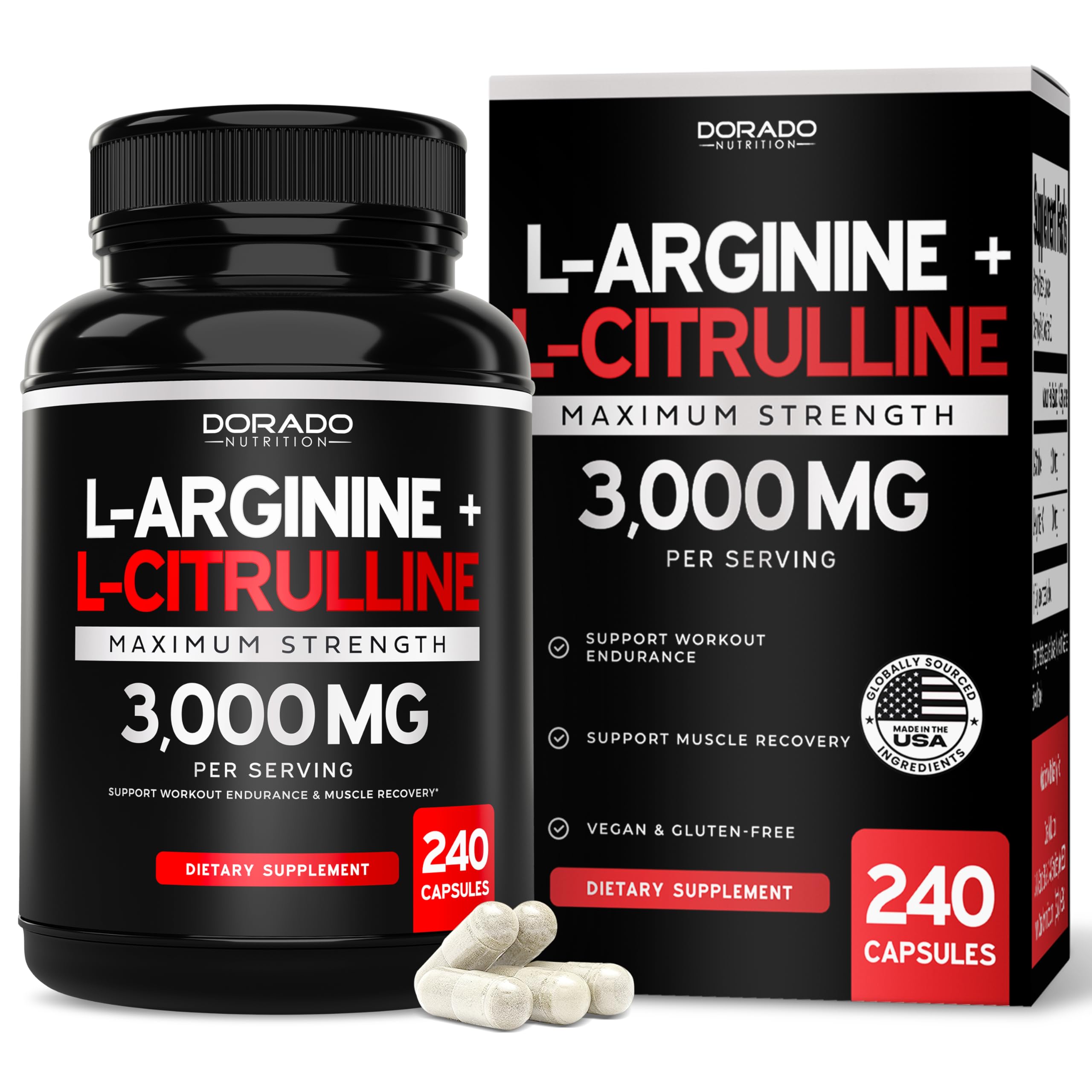 Dorado Nutrition Arginina Citrulina 3000mg, frasco de cápsulas para entrenamientos intensos