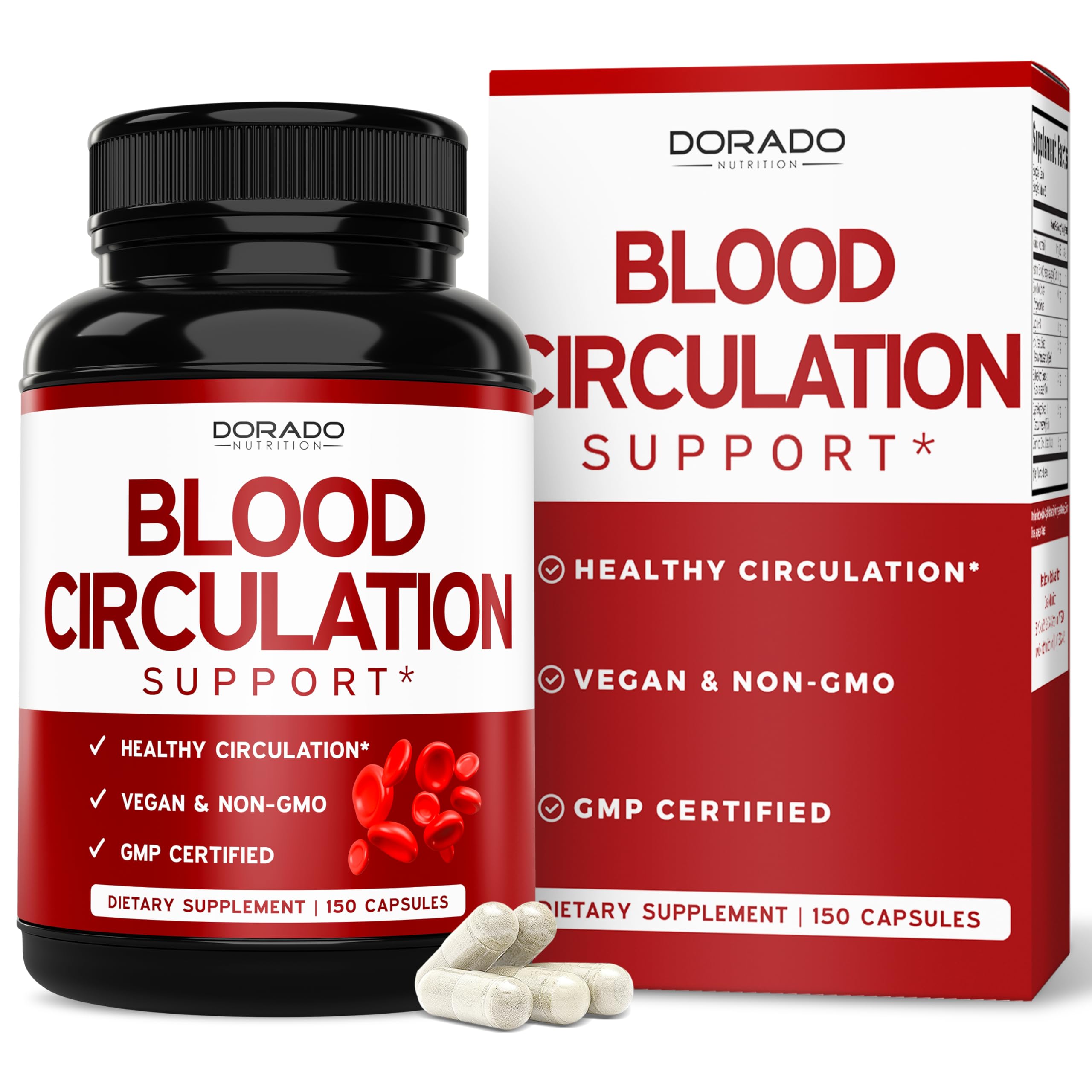 Dorado Nutrition: botella de cápsulas para apoyo del flujo sanguíneo y salud venosa.