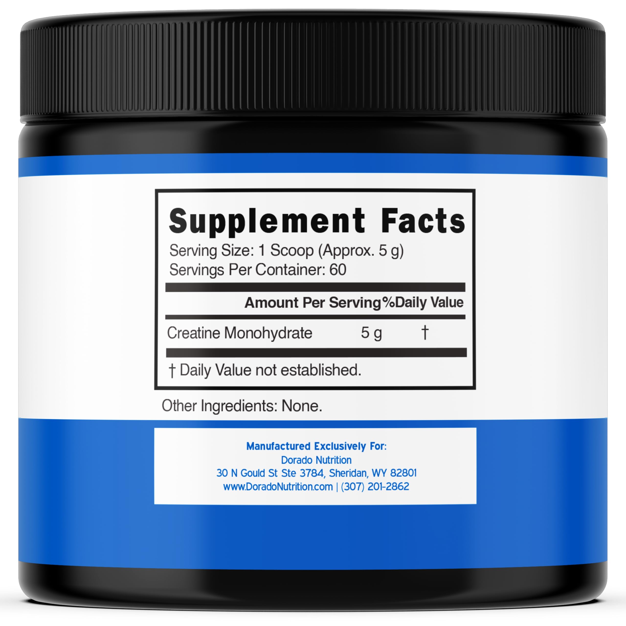 DORADO NUTRITION Creatina Monohidrato, cuchara medidora visible, facilita dosis precisa para sesiones de entrenamiento.
