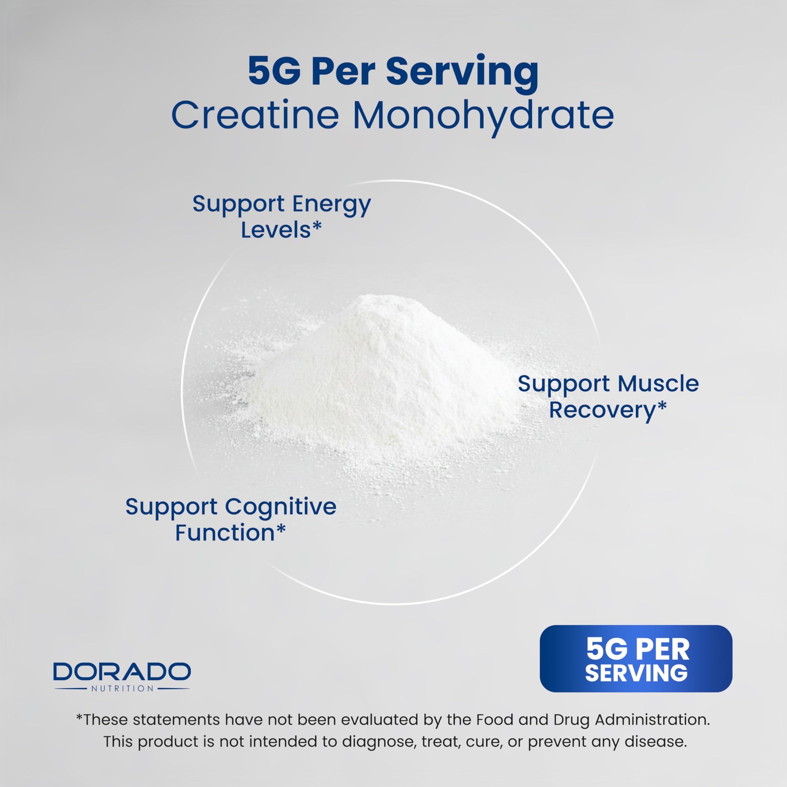 DORADO NUTRITION Creatina Monohidrato en shaker, mezcla suave sin sabor para regímenes de entrenamiento.