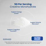 DORADO NUTRITION Creatina Monohidrato en shaker, mezcla suave sin sabor para regímenes de entrenamiento.