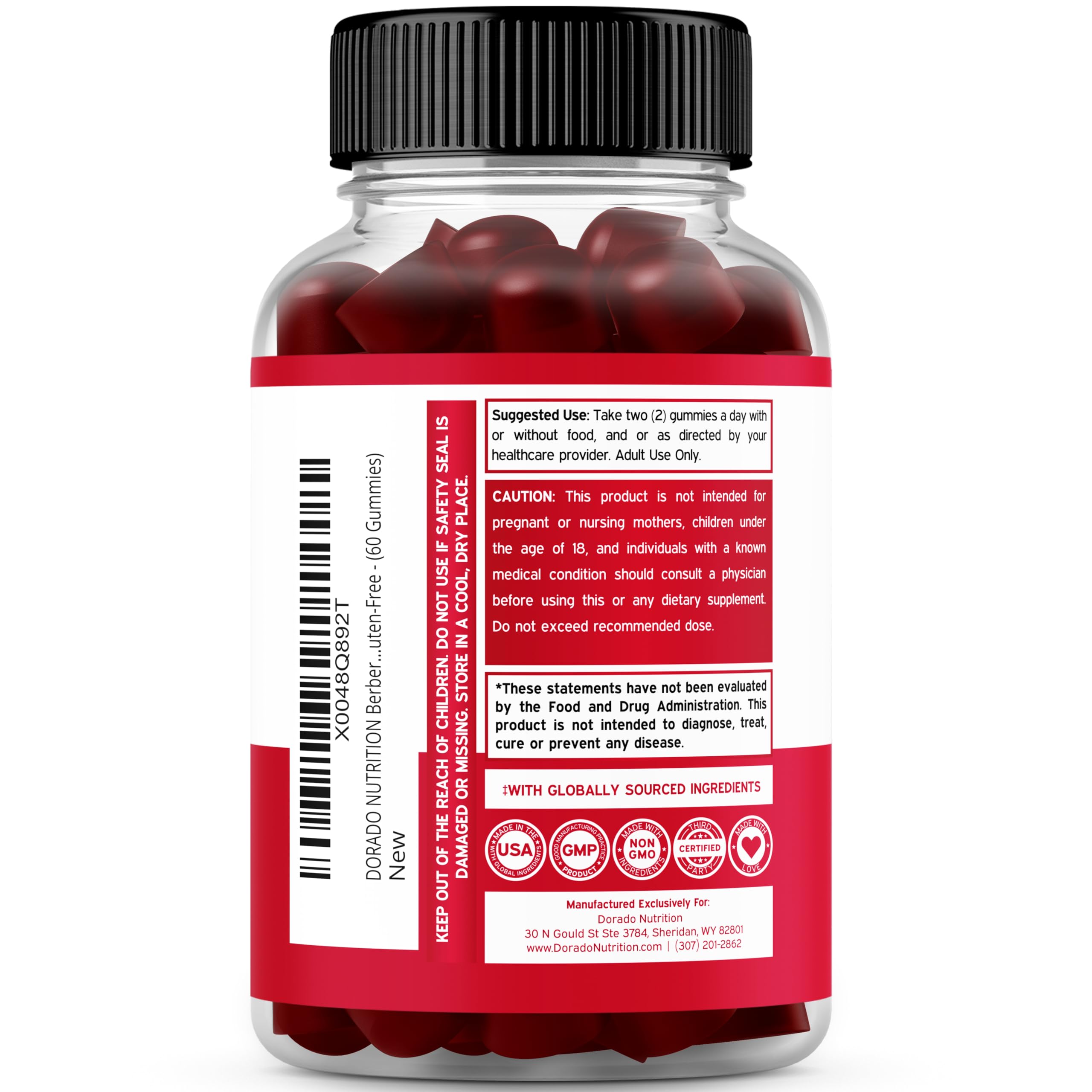 Etiqueta del producto Dorado Nutrition con ingredientes y certificados