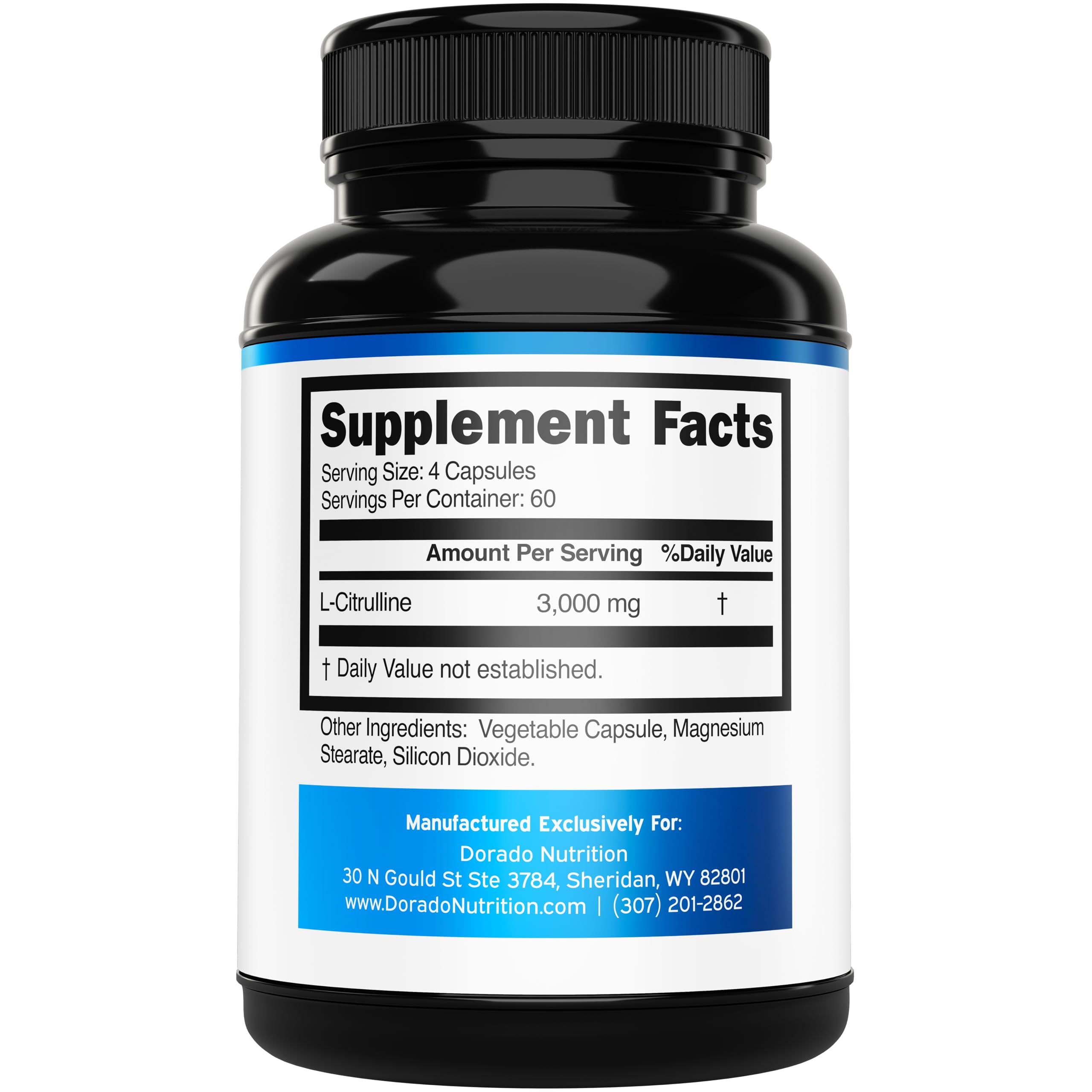 Dorado Nutrition L Citrulline 3000mg, etiqueta clara, apoyo a la recuperación muscular suave.