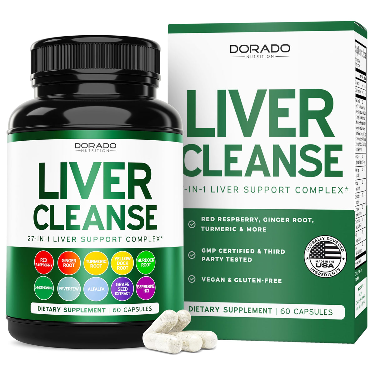 Dorado Nutrition Liver Cleanse, botella frontal, ideal para comenzar una rutina de apoyo hepático.