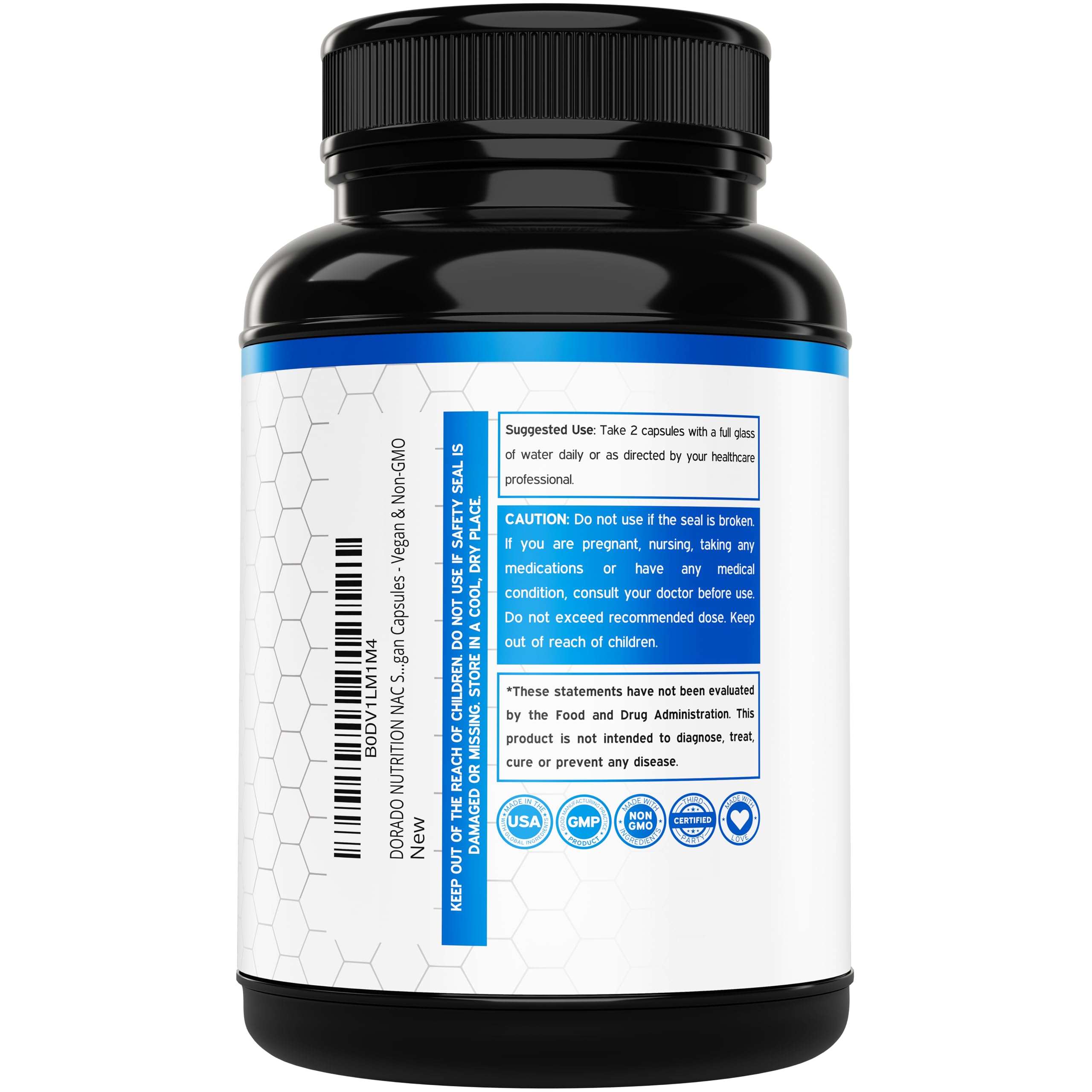 Dorado Nutrition NAC Etiqueta Hecho en EE.UU.: marca y control de calidad visibles.
