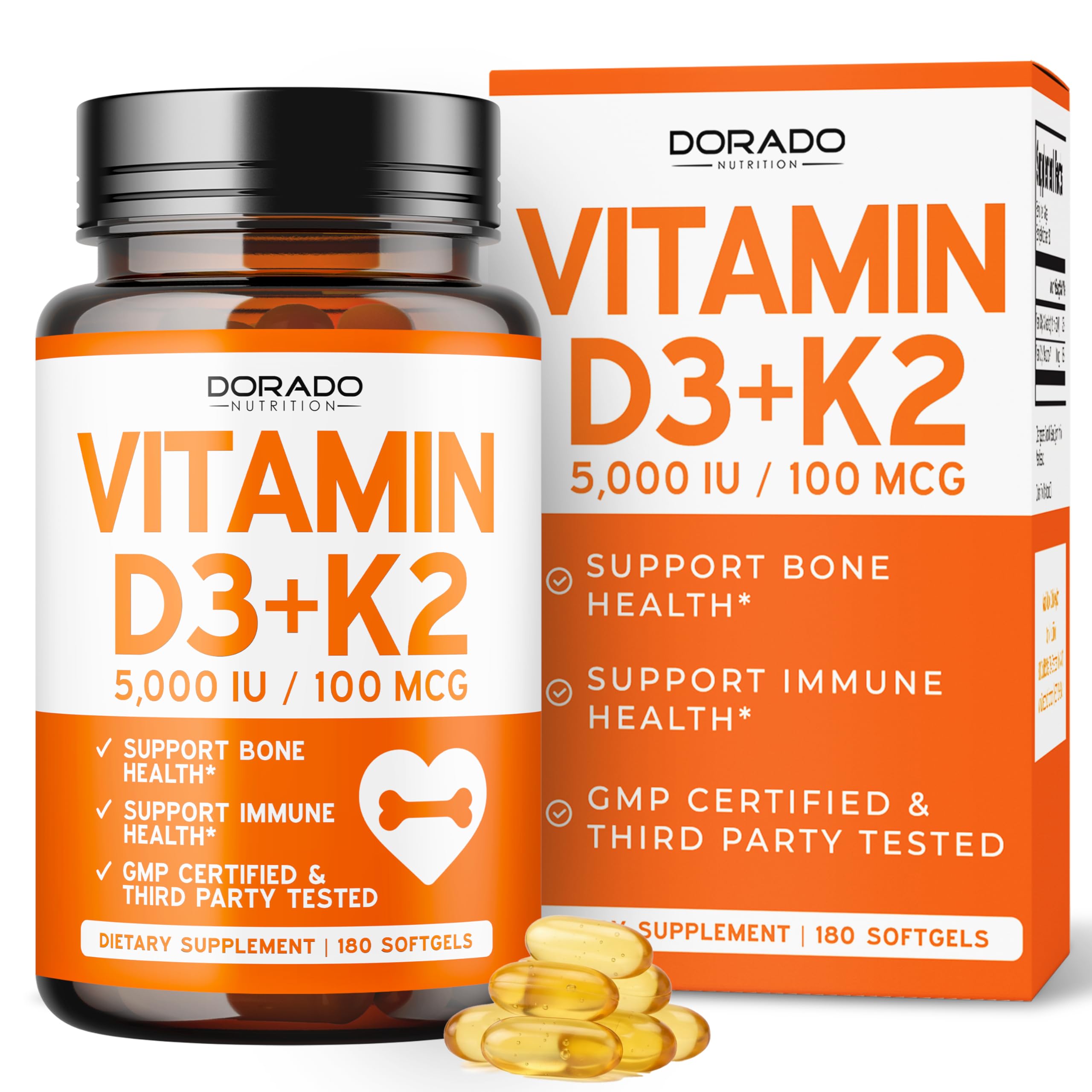 Dorado Nutrition Vitamina D3 K2 en cápsulas suaves en frasco.