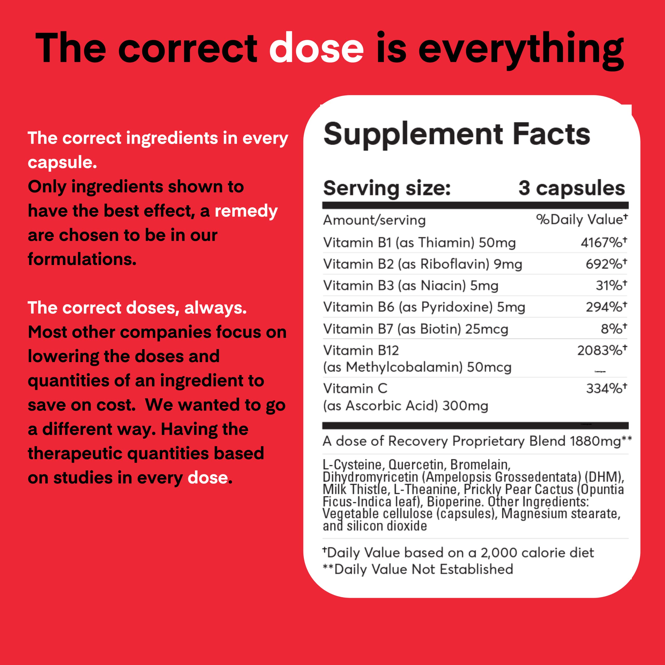 Dose Remedy Recovery, etiqueta con quercetina, destaca ingrediente clave para la salud diaria.