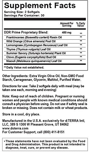 doTERRA DDR Prime Softgels etiqueta, composición CPTG para apoyo del cuerpo.