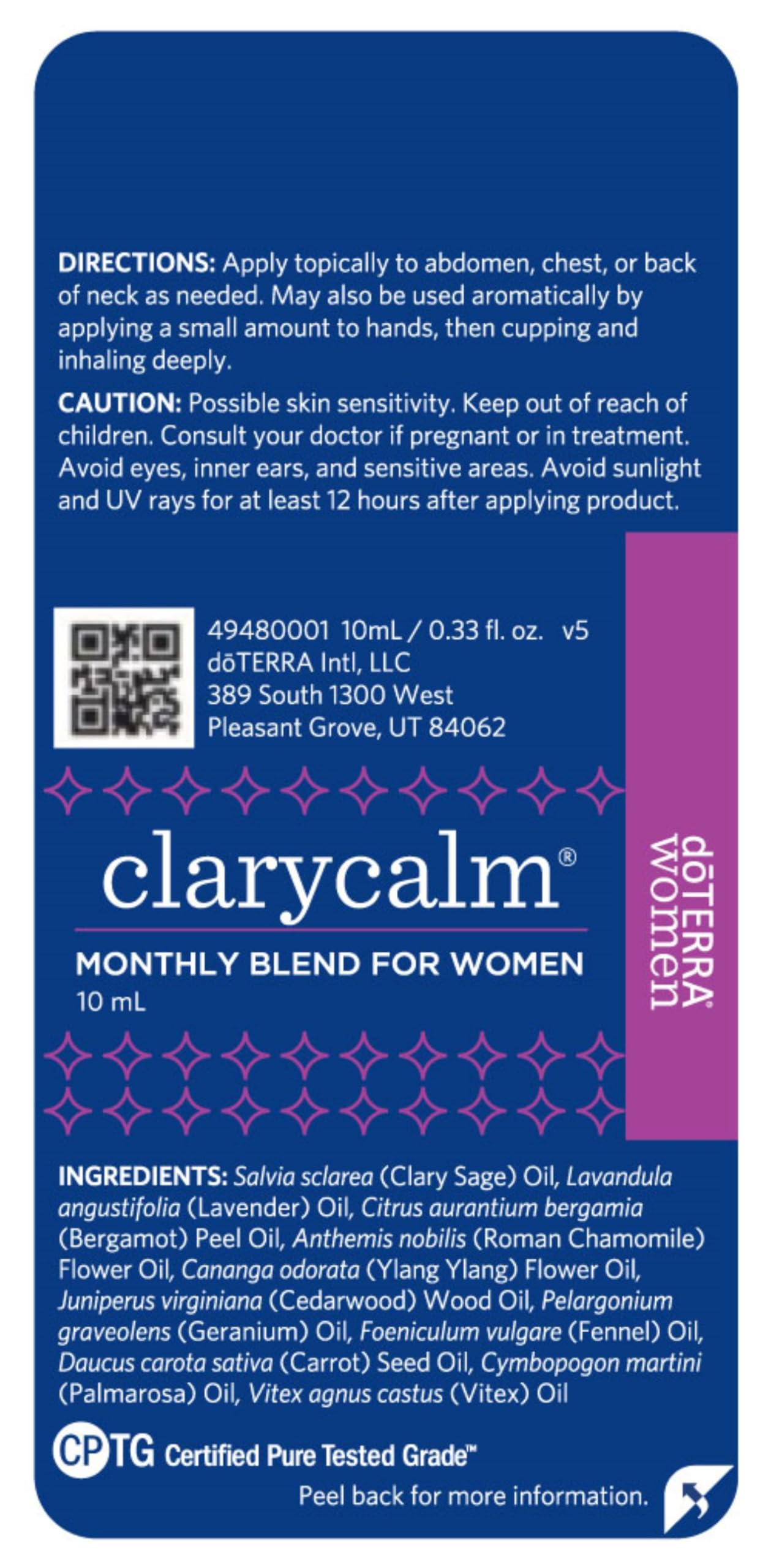 doTERRA Clary Calm etiqueta de ingredientes para mayor transparencia.