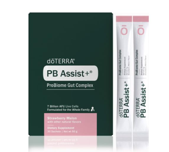 PB Assist+ ProBiome de doTERRA, sachet sabor fresa-melón para apoyo digestivo diario.