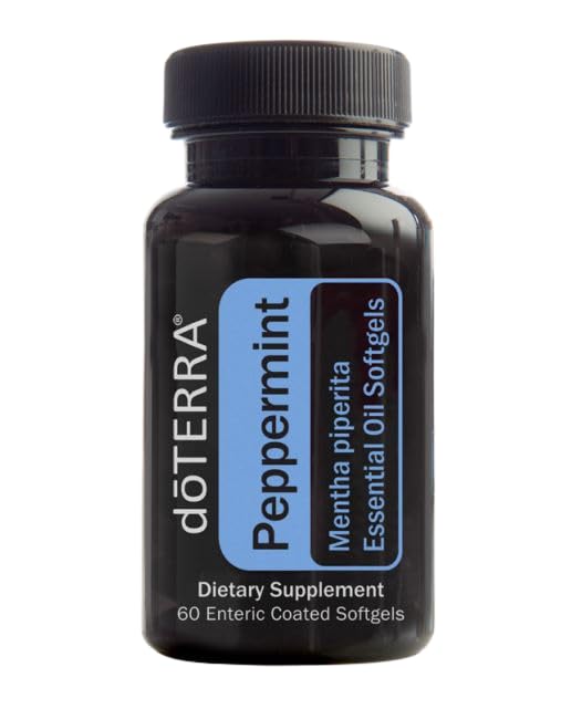 doTERRA Peppermint Softgels en botella, cápsulas suaves para apoyar la digestión.