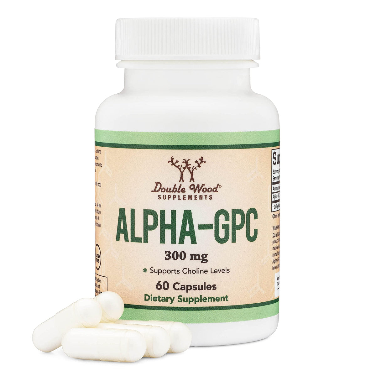 Double Wood Alfa GPC: cápsulas en botella frontal, enfoque potencial
