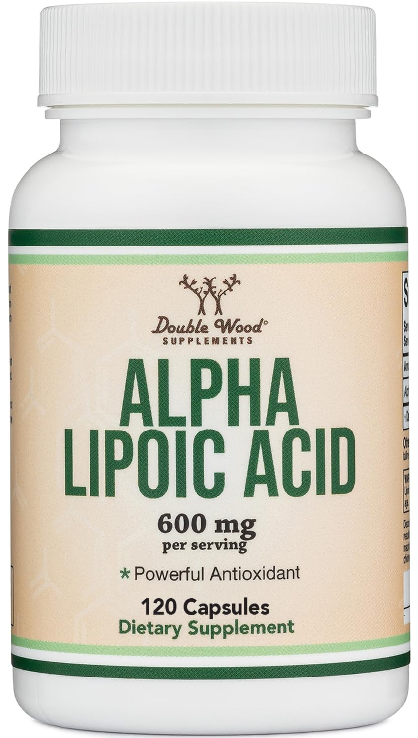 Double Wood Alpha Lipoico 600 mg en botella para soporte de energía celular.