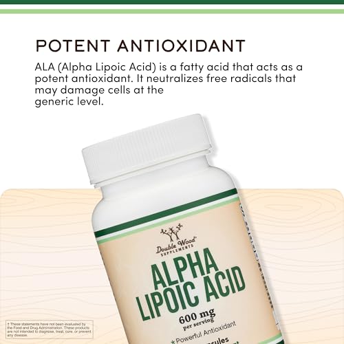 Double Wood Alpha Lipoic Acid etiqueta legible que resalta la calidad