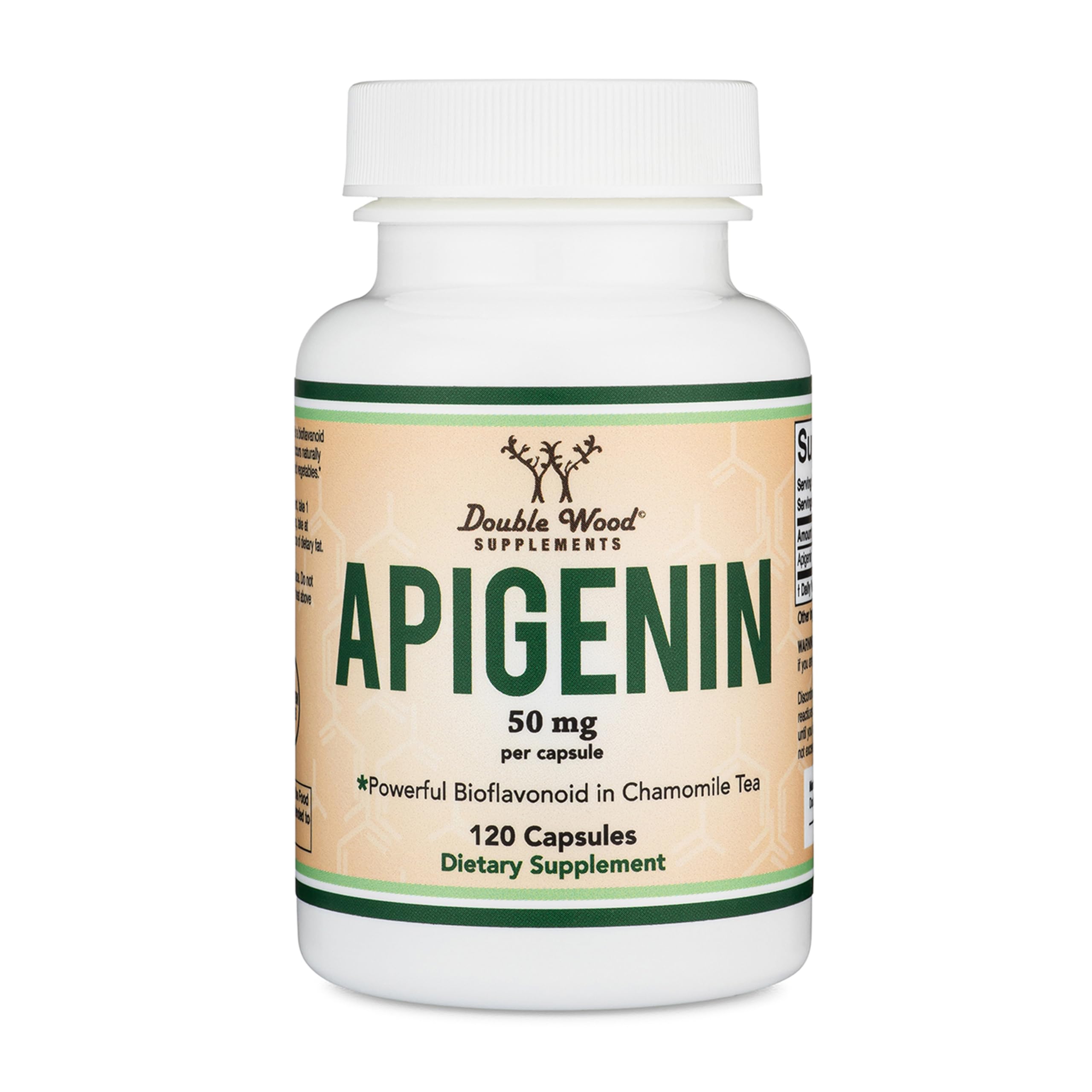Double Wood Apigenina: cápsulas de 50 mg en botella para relajación suave.