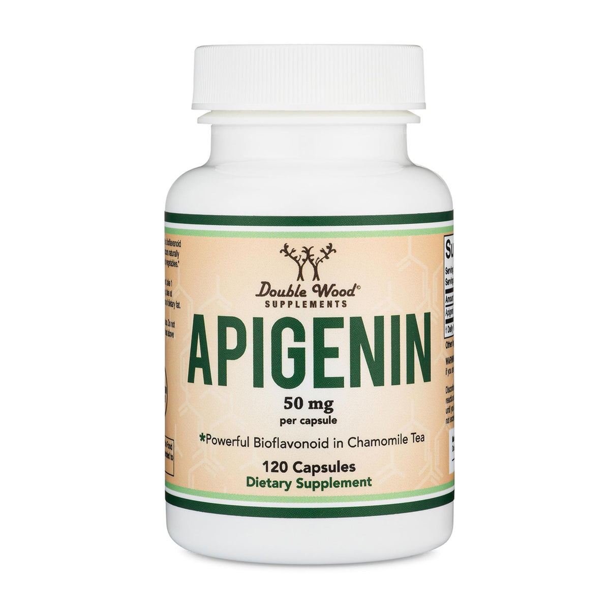 Double Wood Apigenina: cápsulas de 50 mg en botella para relajación suave.