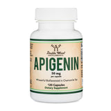 Double Wood Apigenina: cápsulas de 50 mg en botella para relajación suave.