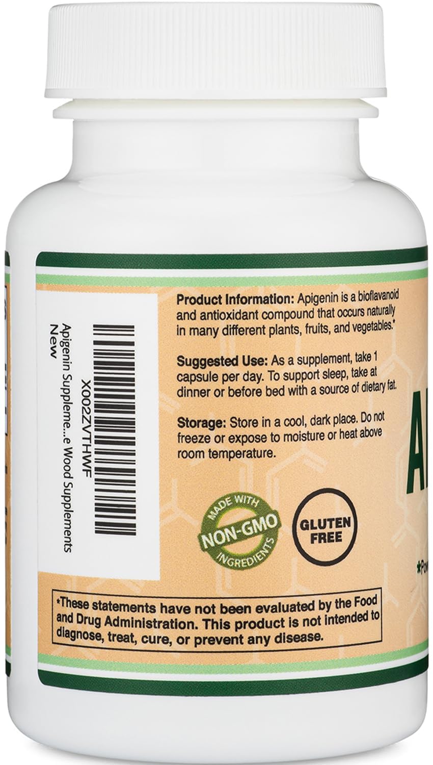 Double Wood Apigenina: etiqueta sin gluten, ingrediente natural.