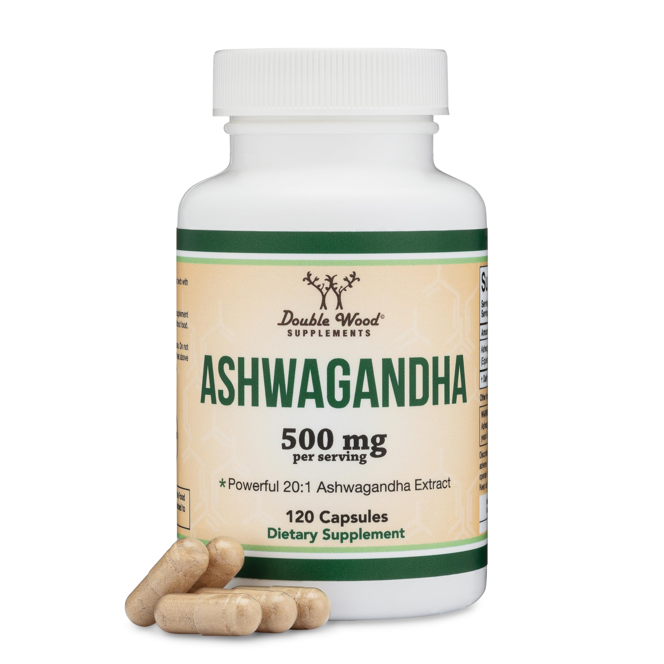 Ashwagandha Double Wood cápsulas con extracto 20:1, 500 mg por porción.