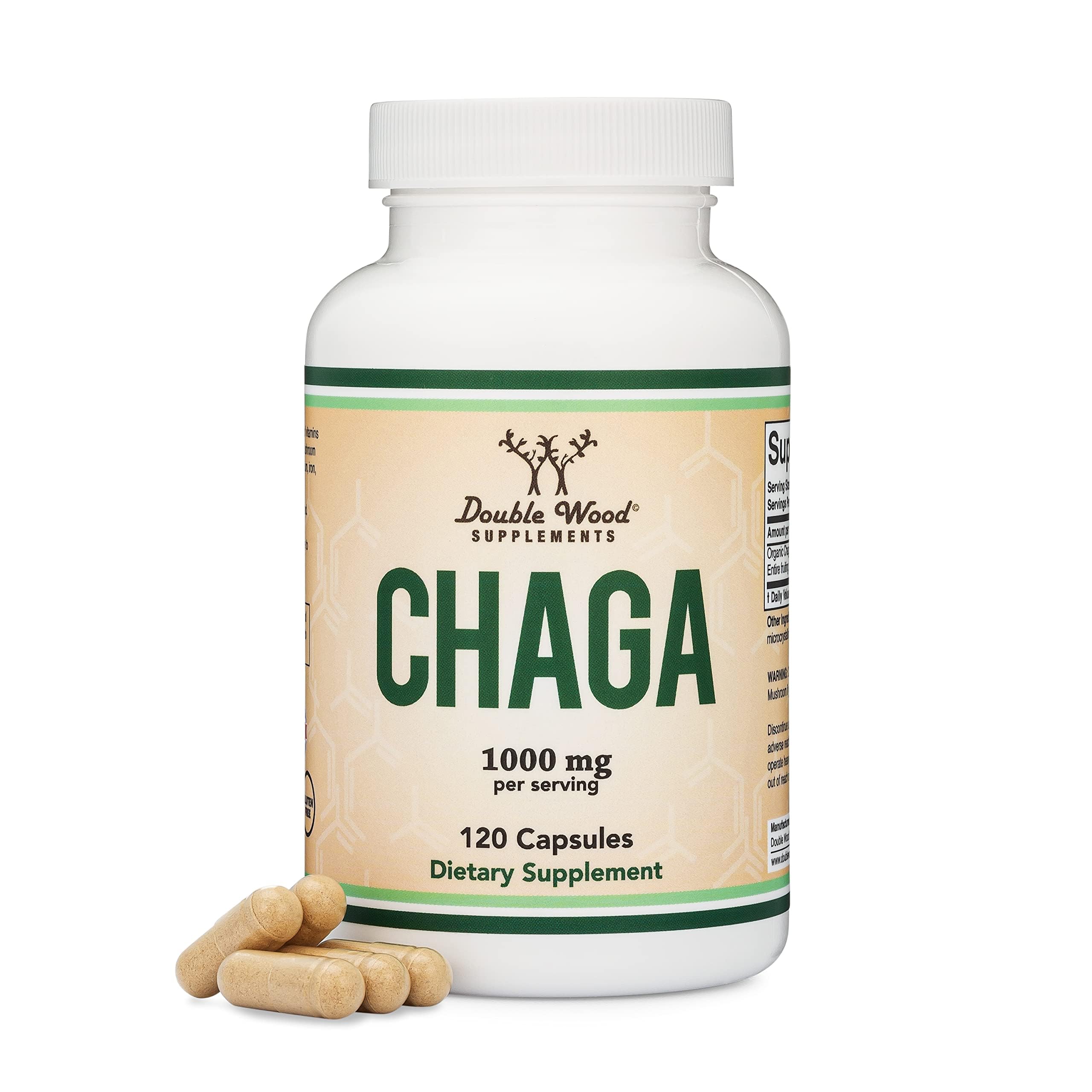 Cápsulas Double Wood Chaga: 120 unidades, ideal para dosis diaria.