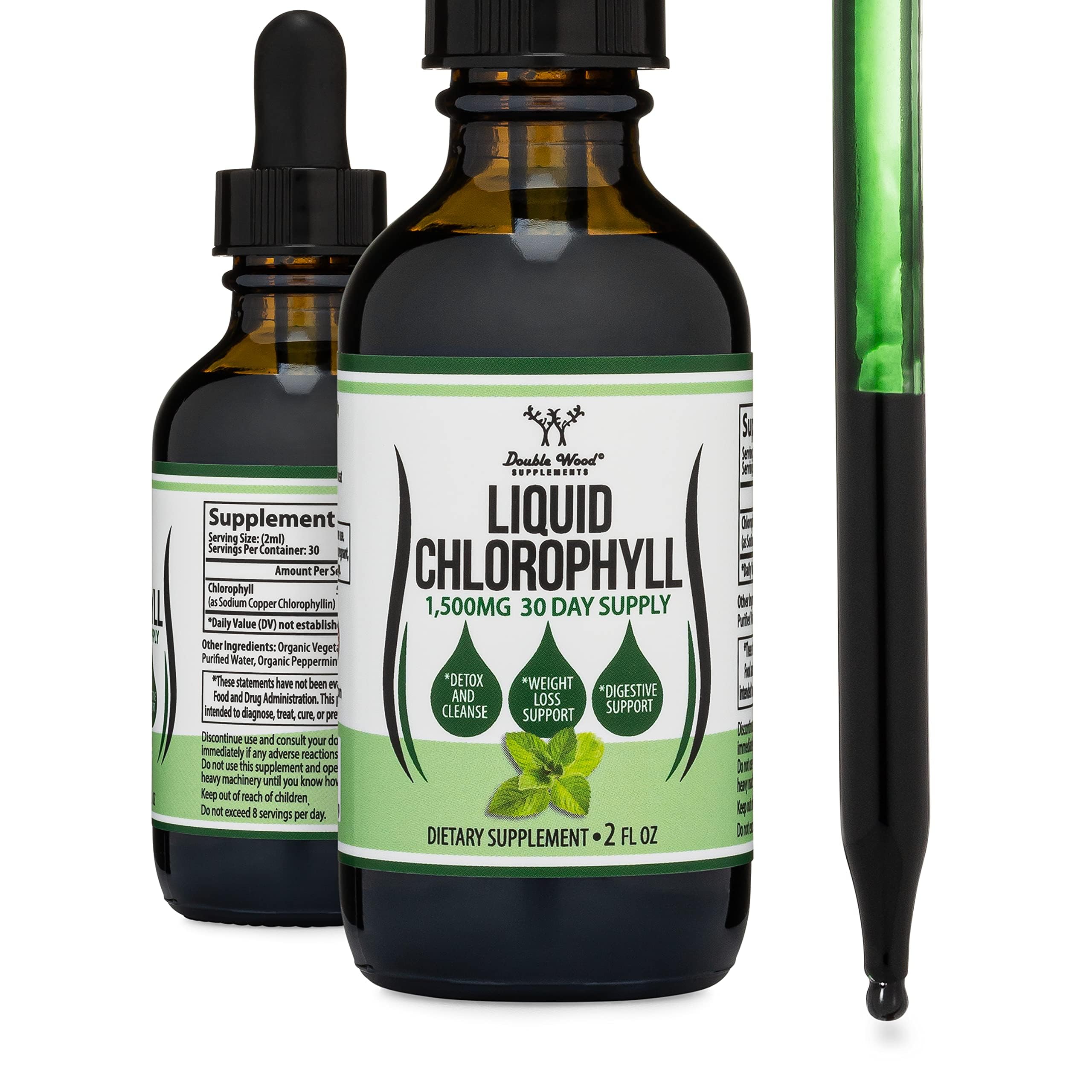 Double Wood Clorofila líquida con menta, apoyo a la digestión y frescura matutina.