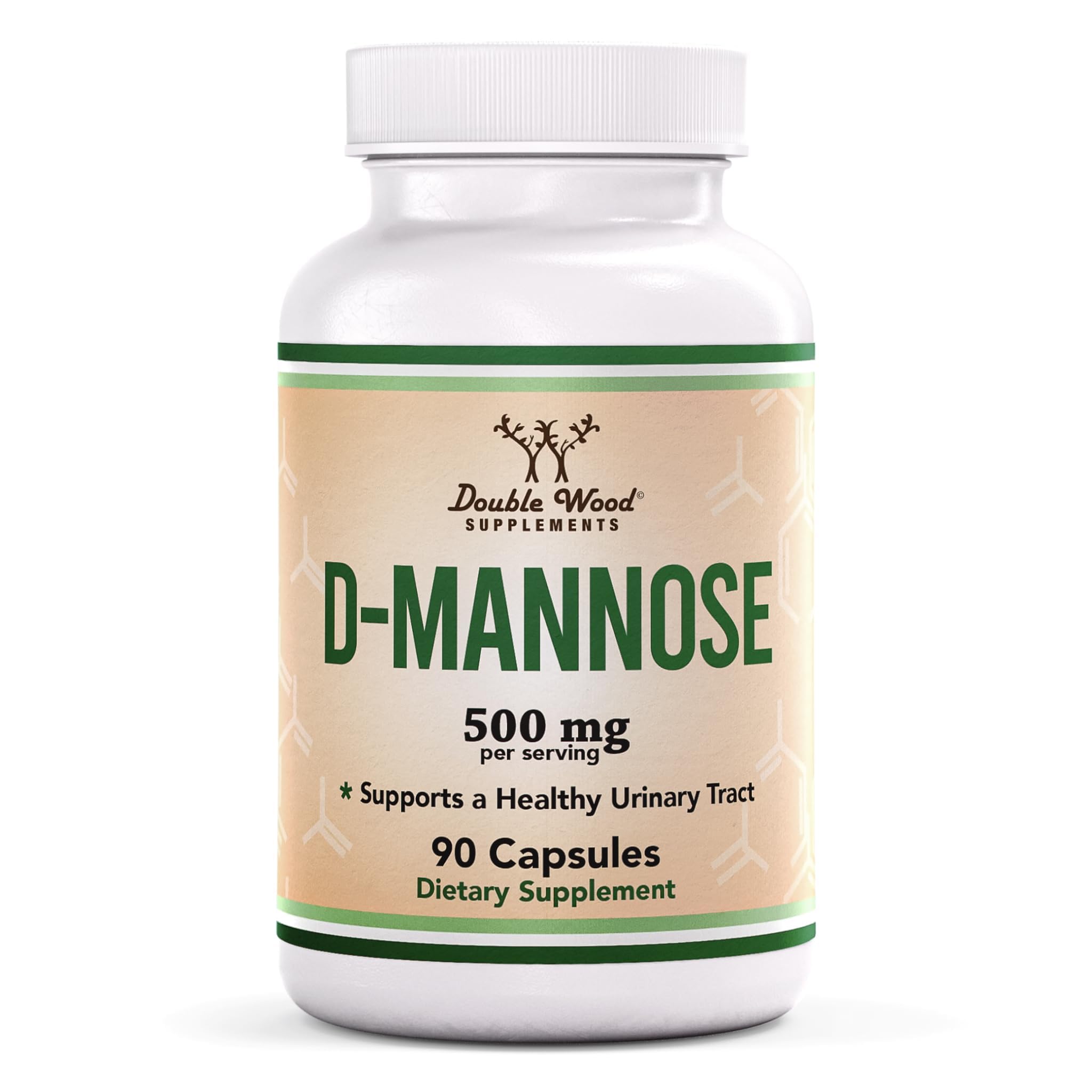 Double Wood D-Mannose 500 mg, botella frontal, posible apoyo a la salud urinaria diaria