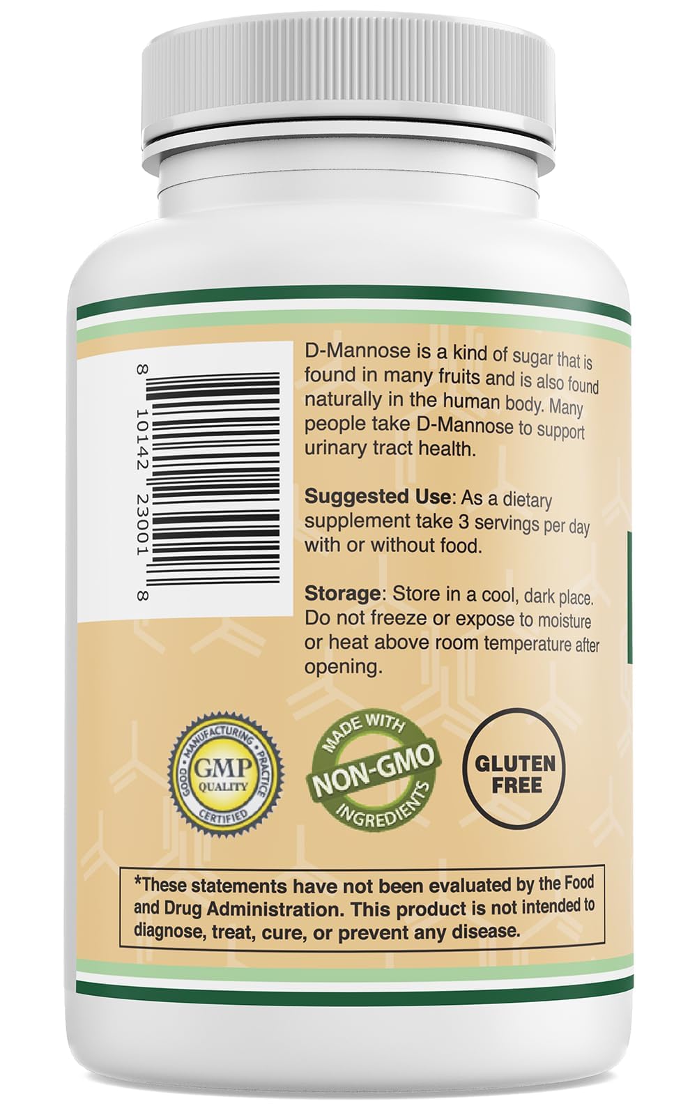 Double Wood D-Mannose 500 mg, caja exterior, opción vegana y libre de gluten para uso diario