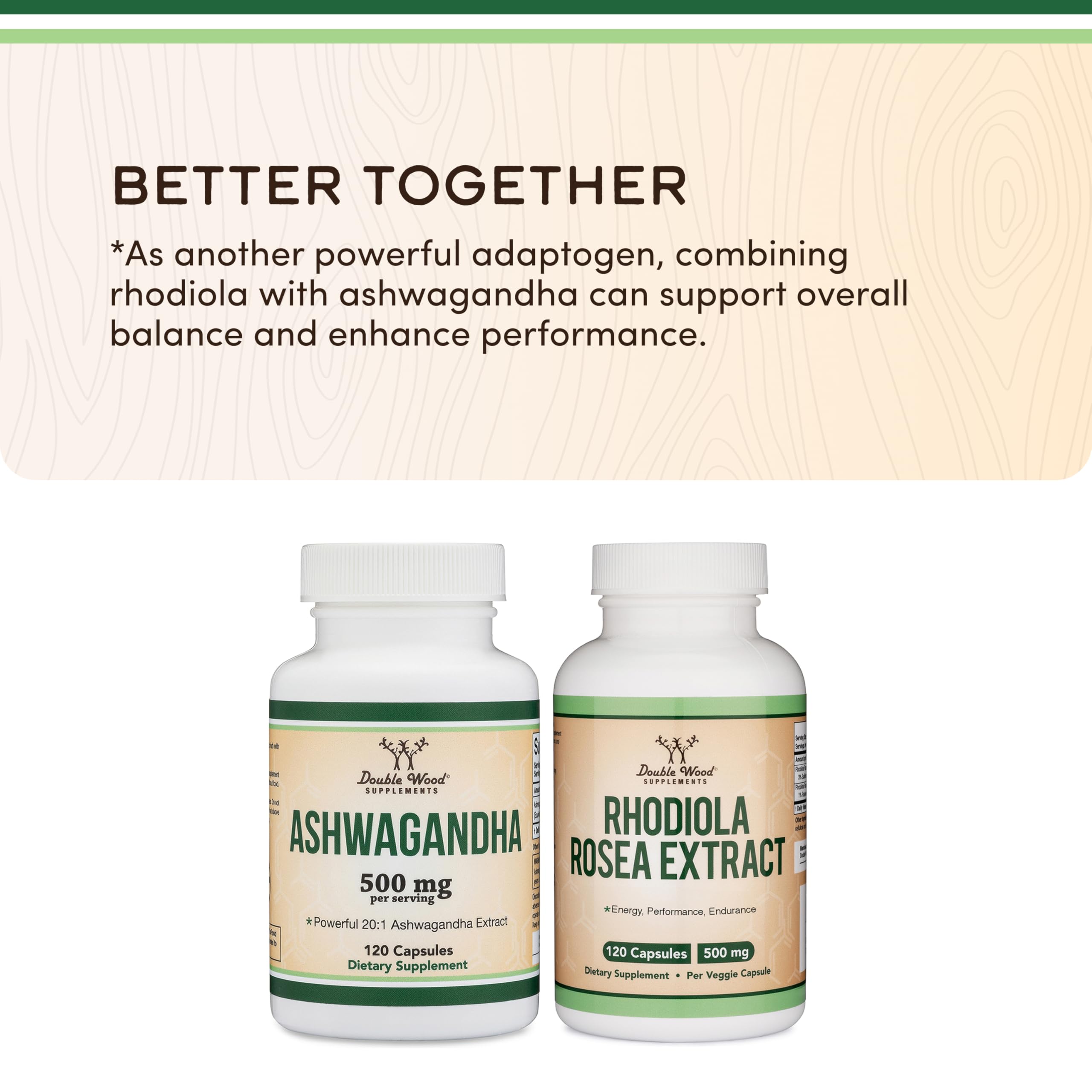 Ashwagandha Double Wood etiqueta vegetariana, sin GMO y sin gluten.