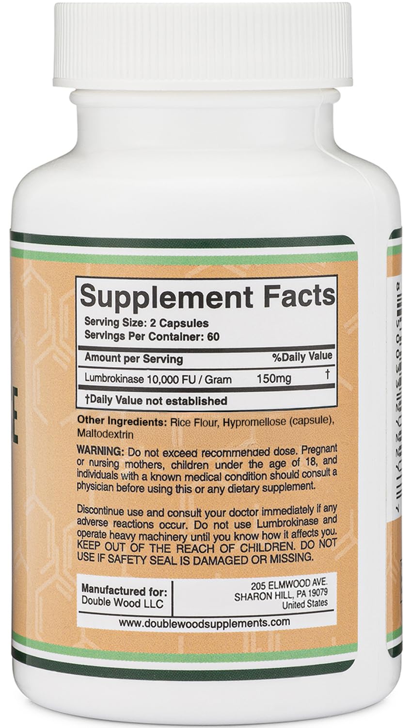 Frasco y etiqueta de Double Wood Lumbrokinase sin rellenos.