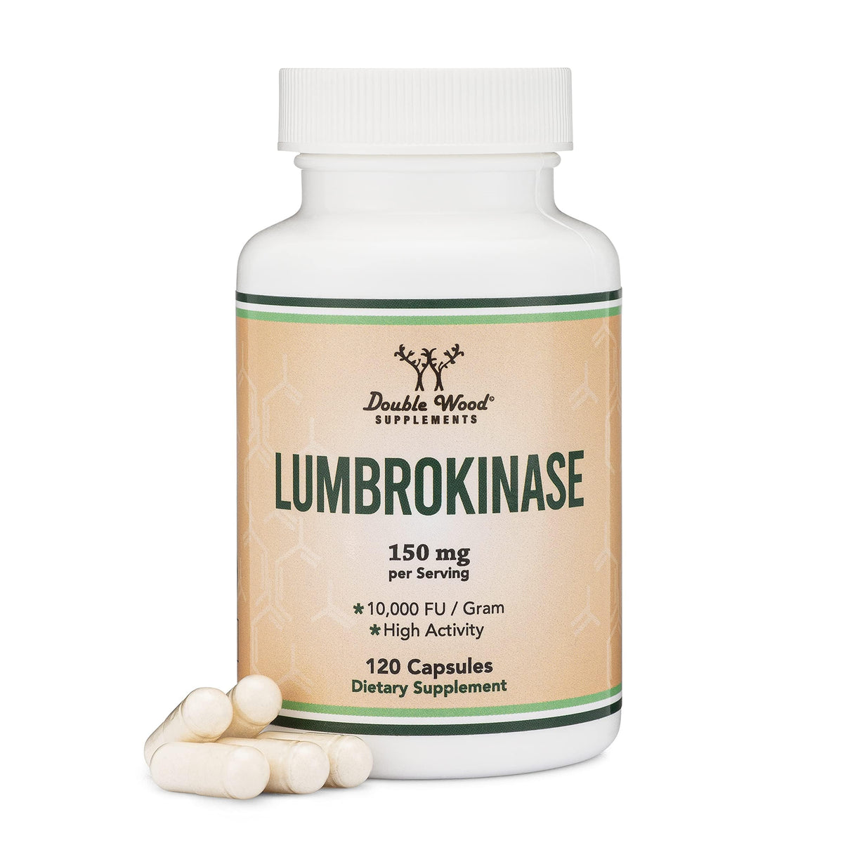 Botella de Double Wood Lumbrokinase con cápsulas para apoyo circulatorio.