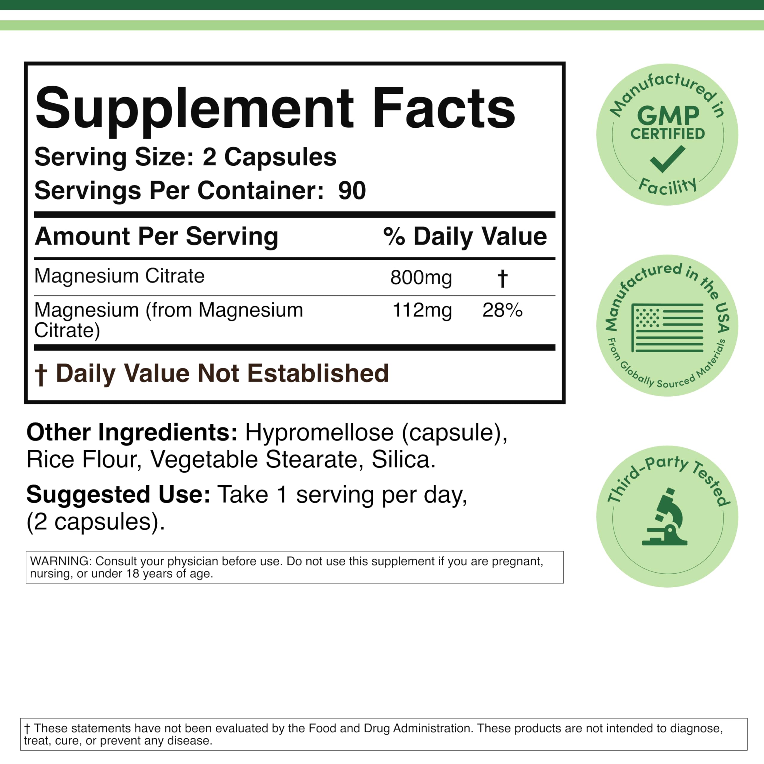 Etiqueta clara de Double Wood Magnesium Citrate 800mg con indicaciones de uso