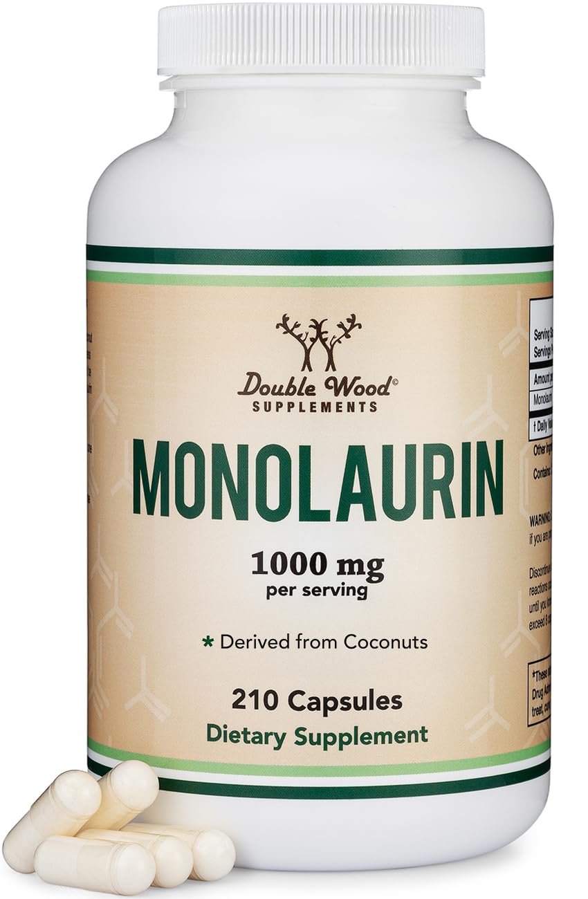 Double Wood Monolaurin en botella de 1000 mg, posible apoyo al sistema inmune.