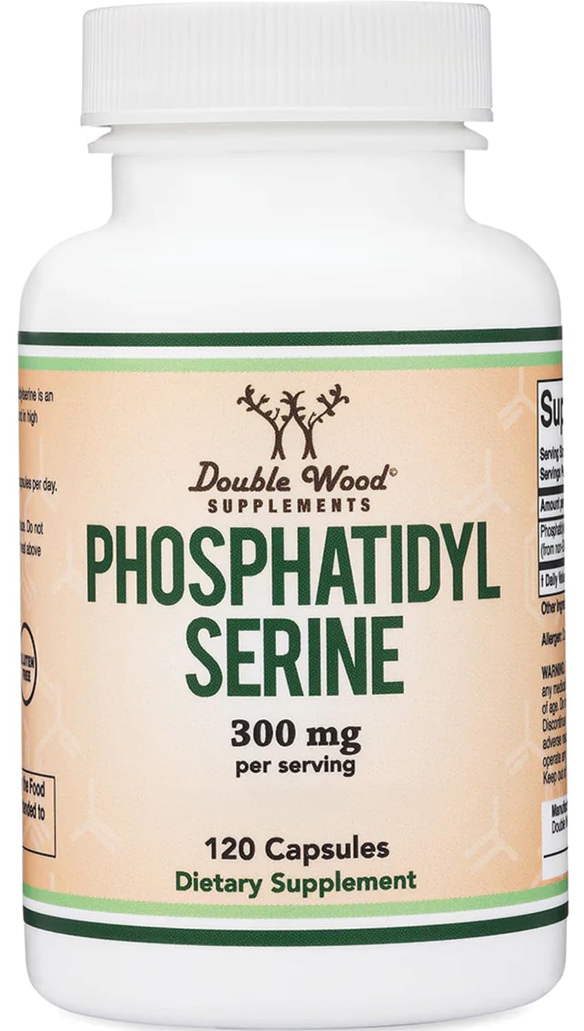 Double Wood fosfatidilserina 300 mg, bote visto, apoyo a la memoria y concentración.