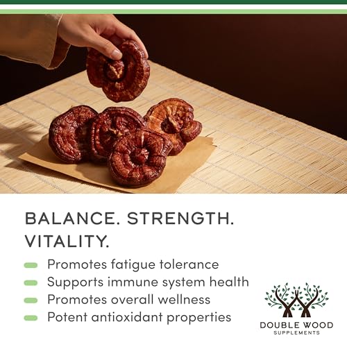 Double Wood Supplements Reishi: etiqueta frontal clara para mayor confianza.