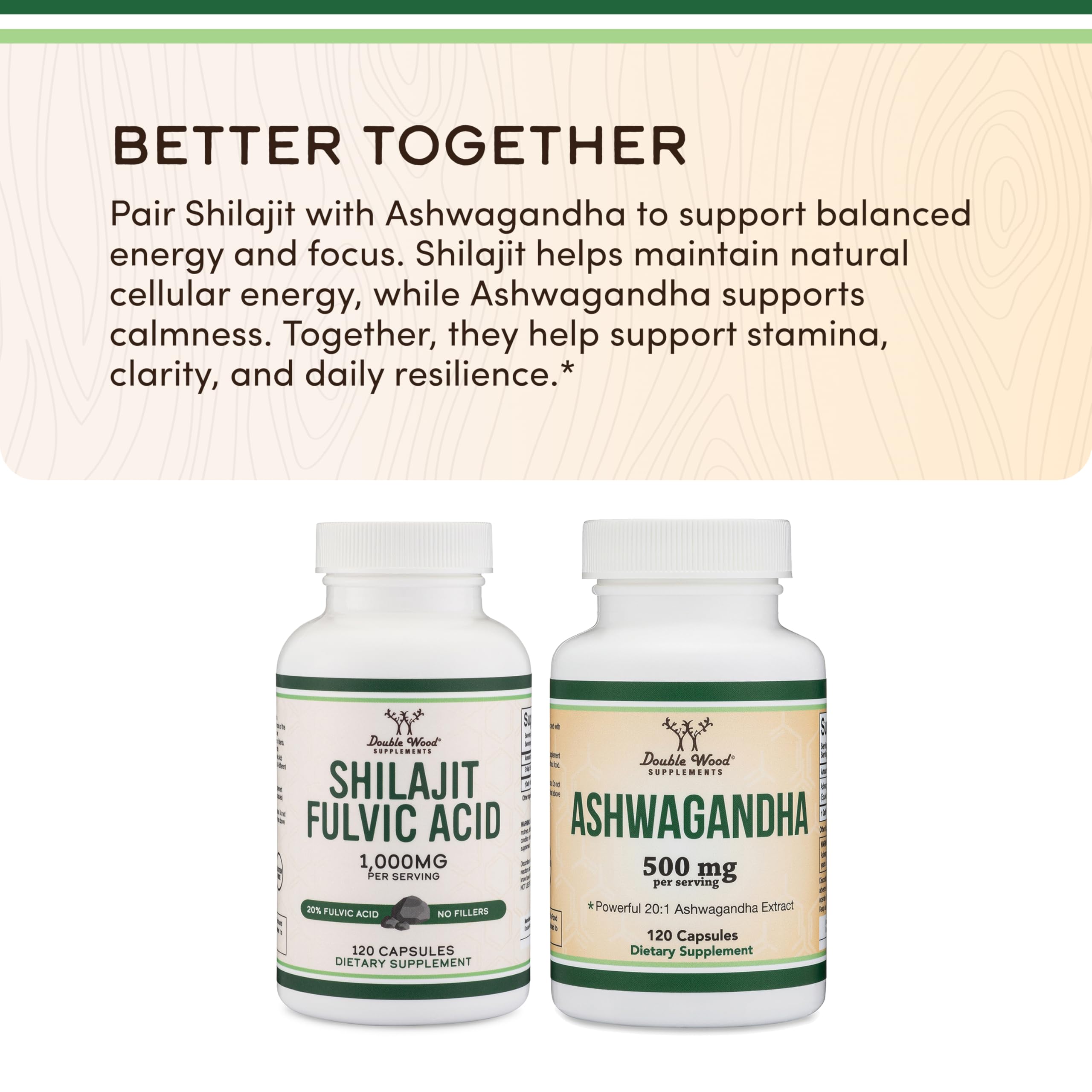 Capsulas Double Wood Shilajit dentro del frasco, listas para tomar.