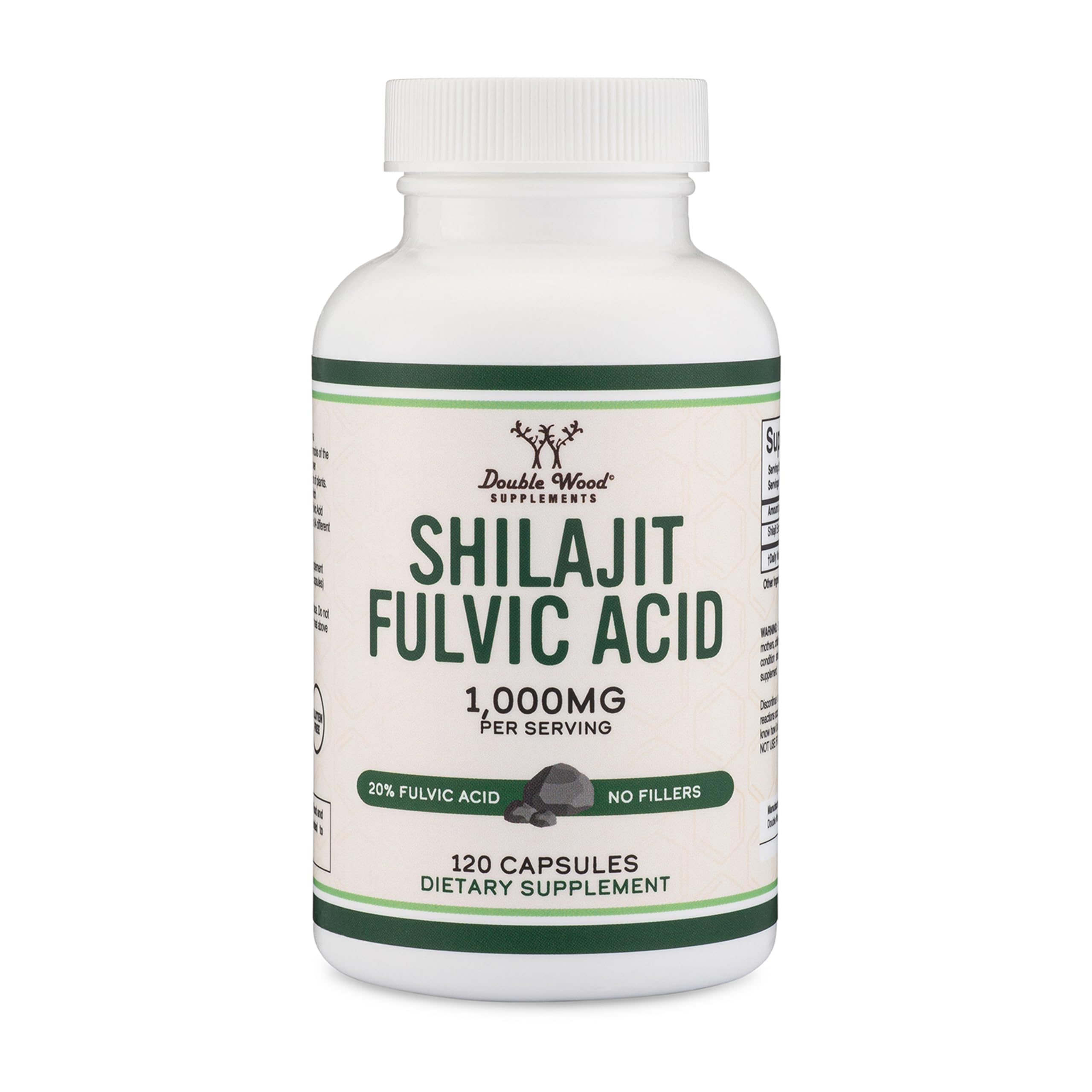 Frente de la botella Double Wood Shilajit Cápsulas para iniciar la rutina diaria.