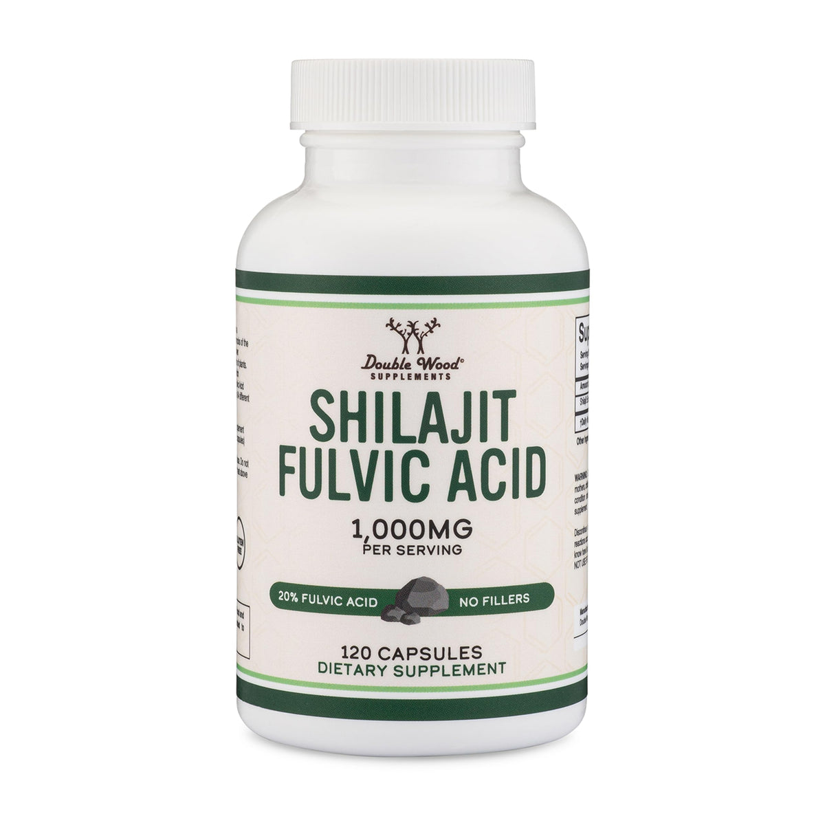 Frente de la botella Double Wood Shilajit Cápsulas para iniciar la rutina diaria.