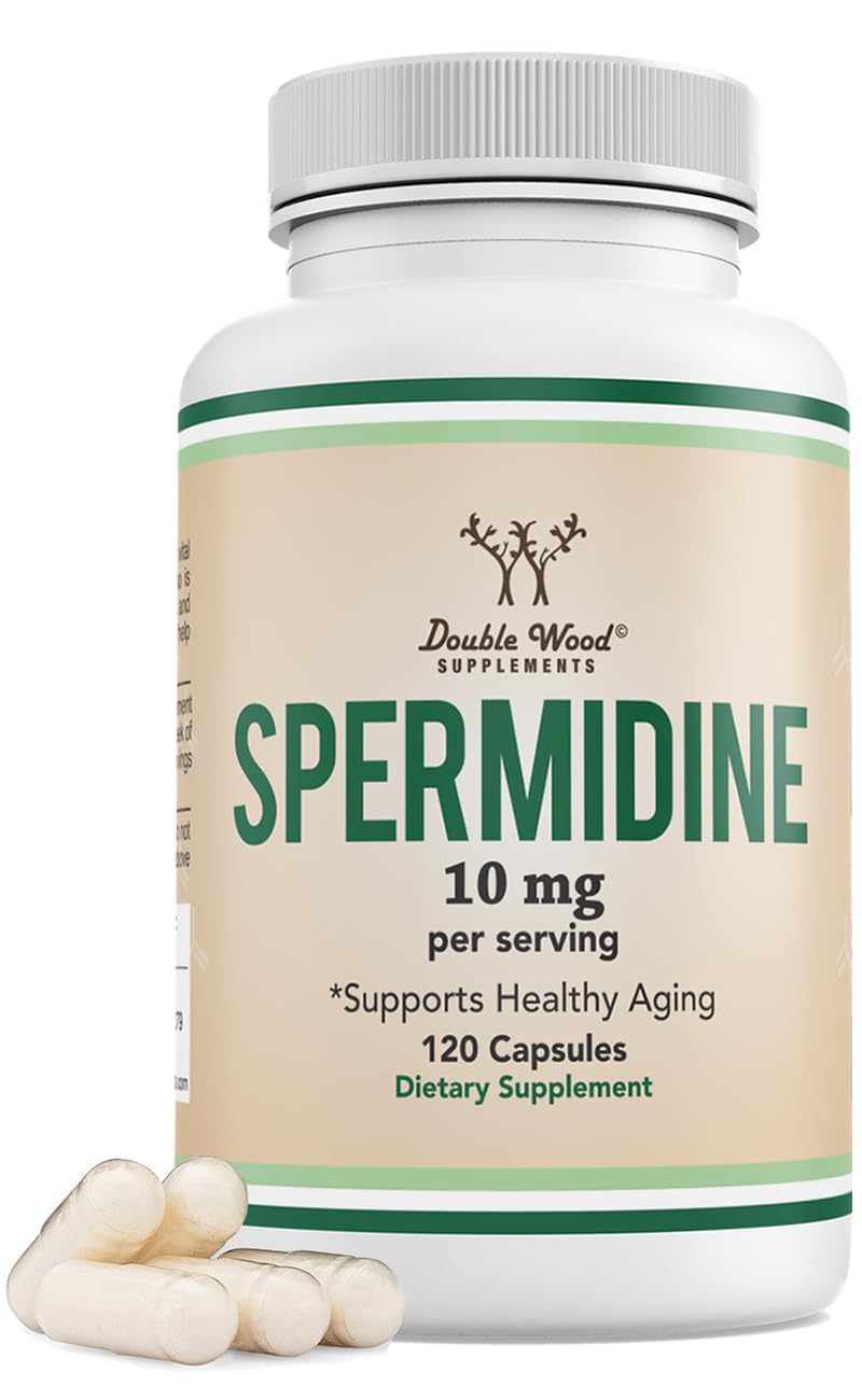 Double Wood Spermidina: cápsulas en botella, posible apoyo a la salud celular durante el envejecimiento