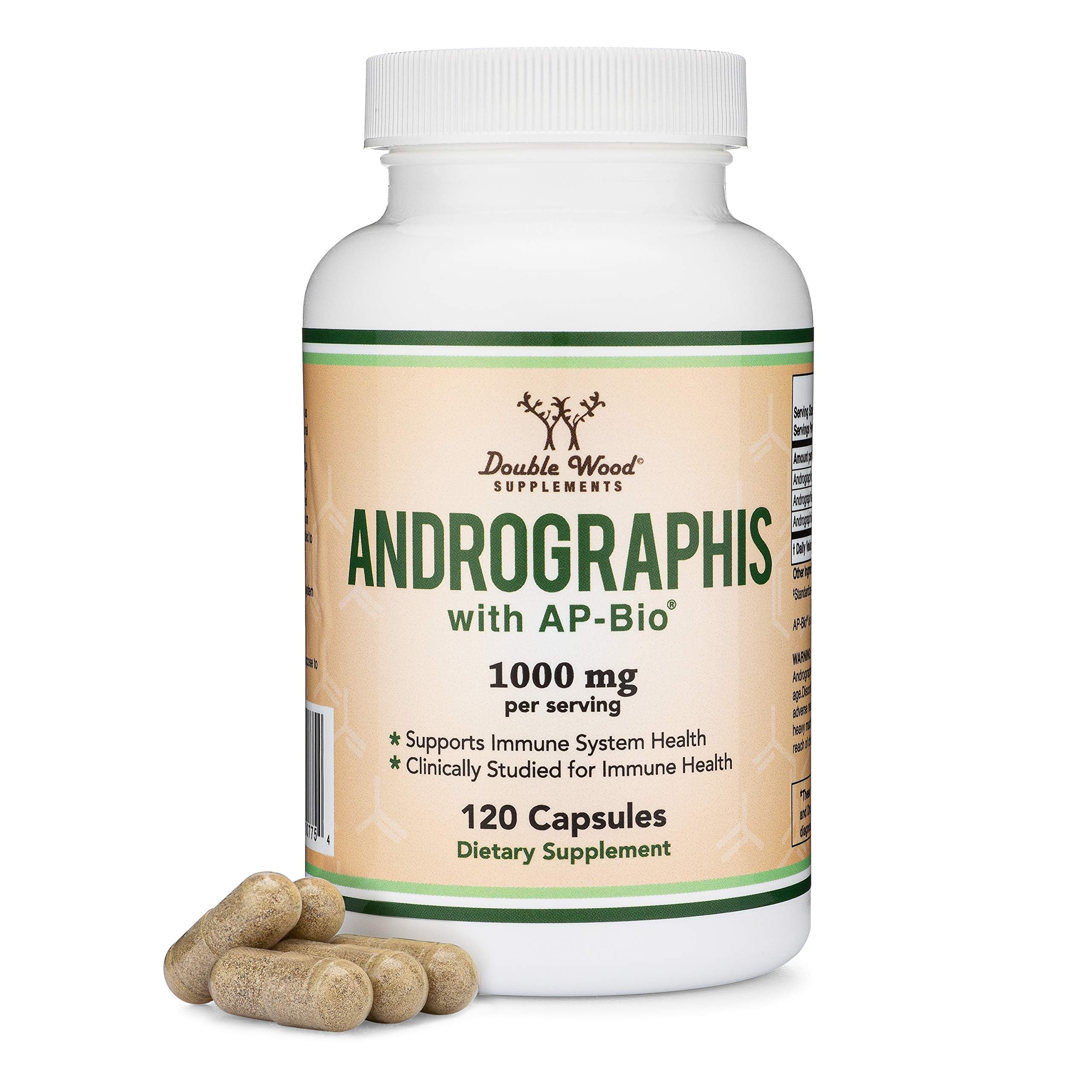 Cápsulas Double Wood andrographis, botella frente a primer plano para uso diario