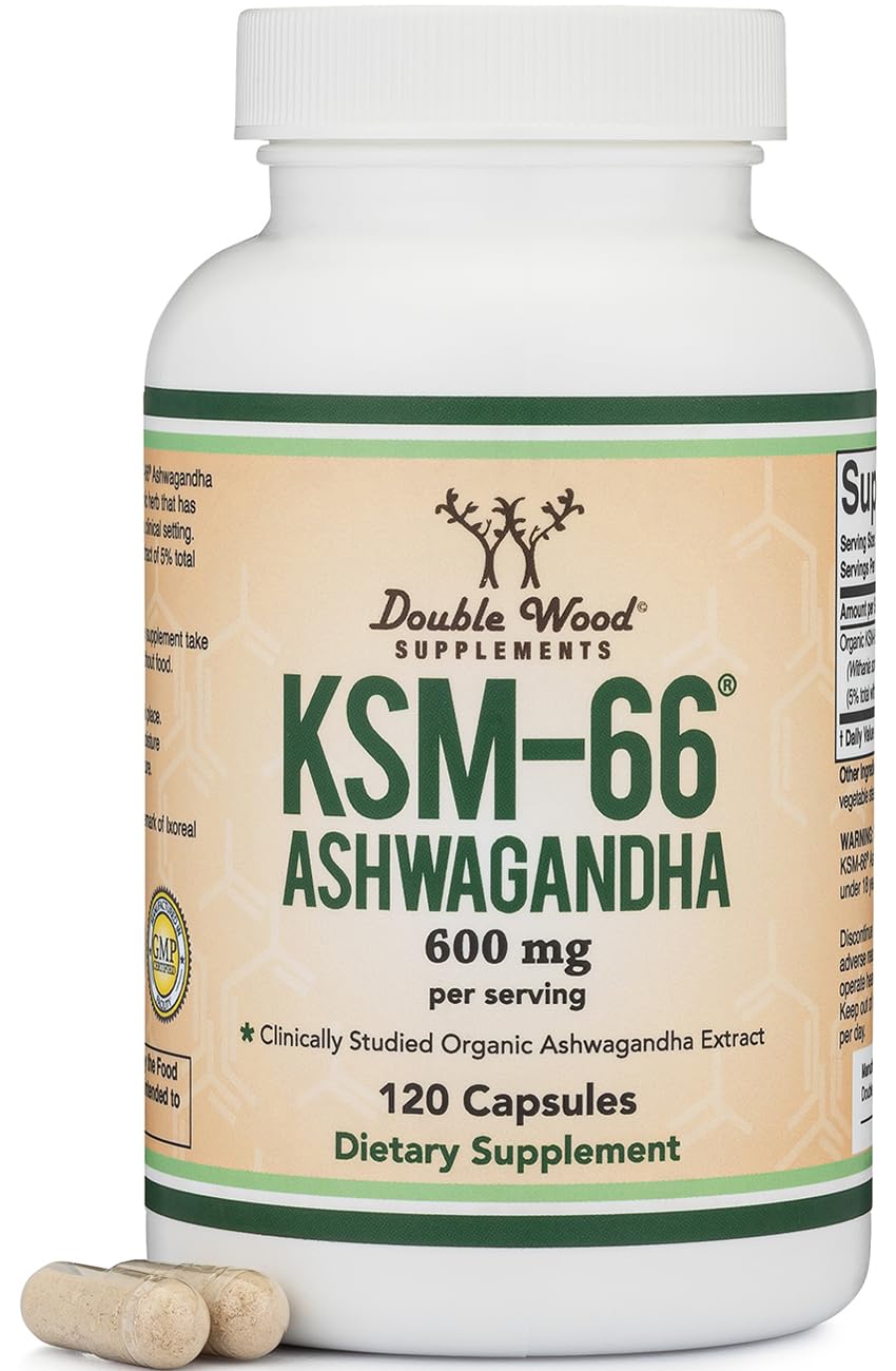 Double Wood Ashwagandha KSM-66 en botella, apoyo al bienestar diario