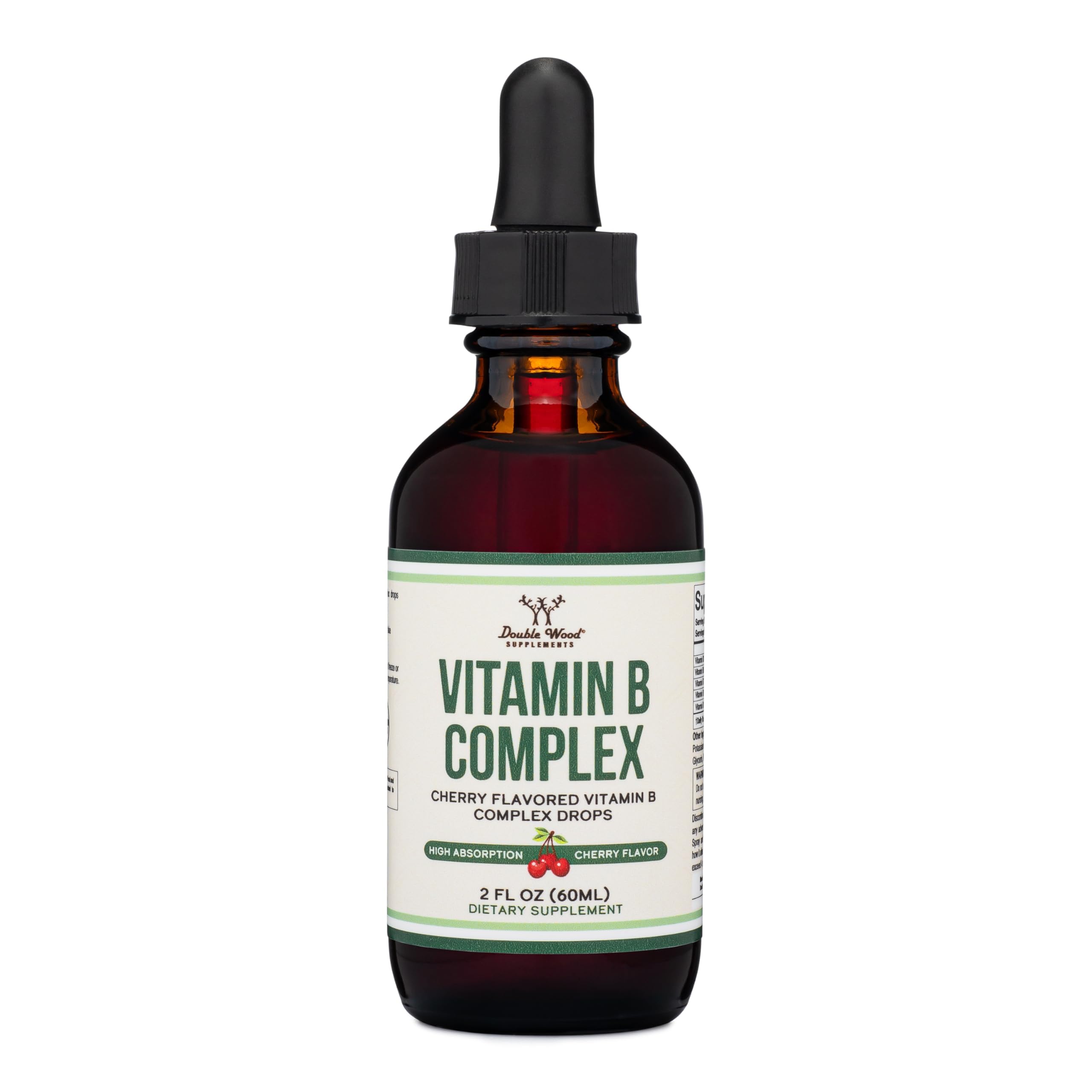 Double Wood Supplements botella con gotas cereza; apoya energía diaria.
