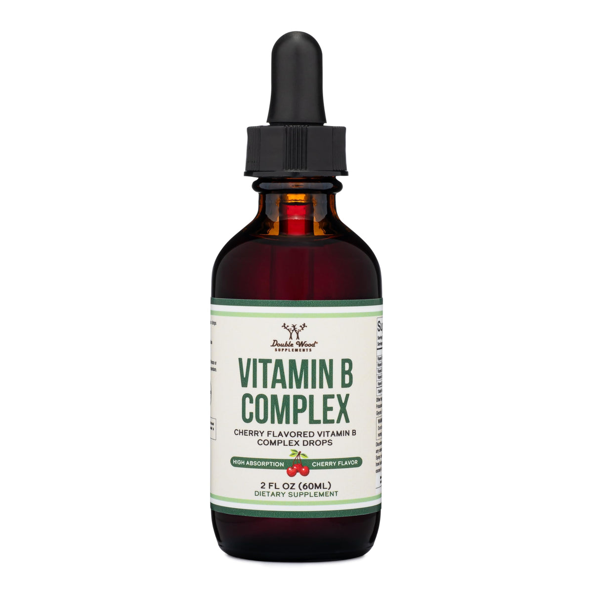 Double Wood Supplements botella con gotas cereza; apoya energía diaria.
