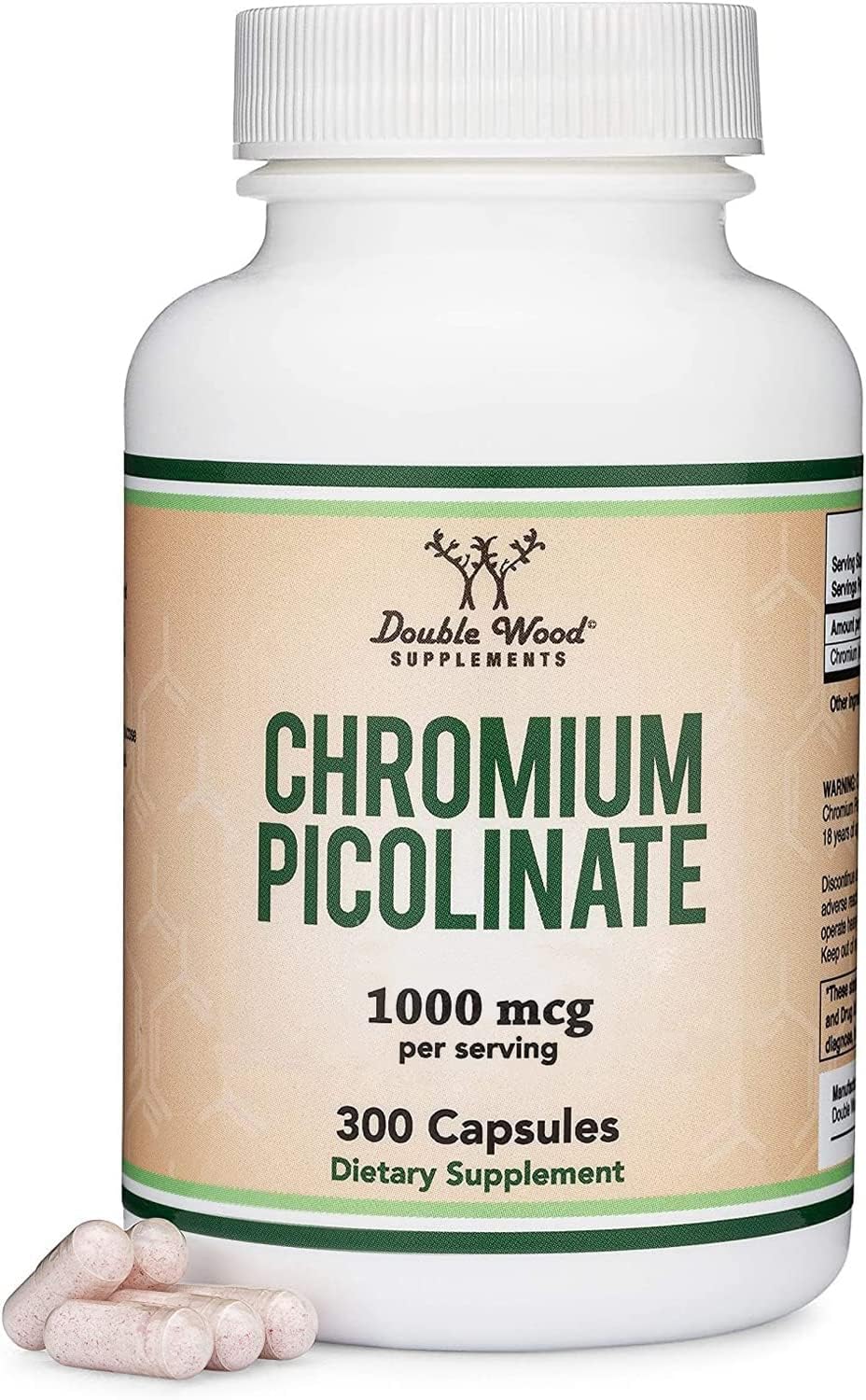Double Wood Supplements, botella frontal de cromo-picolinato 1000 mcg para apoyo metabólico