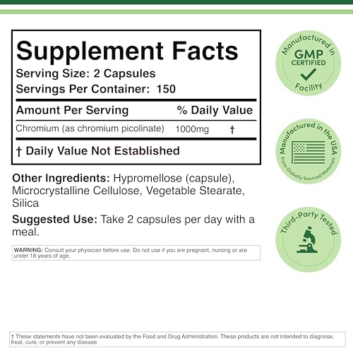 Double Wood Supplements, etiqueta del producto cromo-picolinato 1000 mcg mostrando calidad