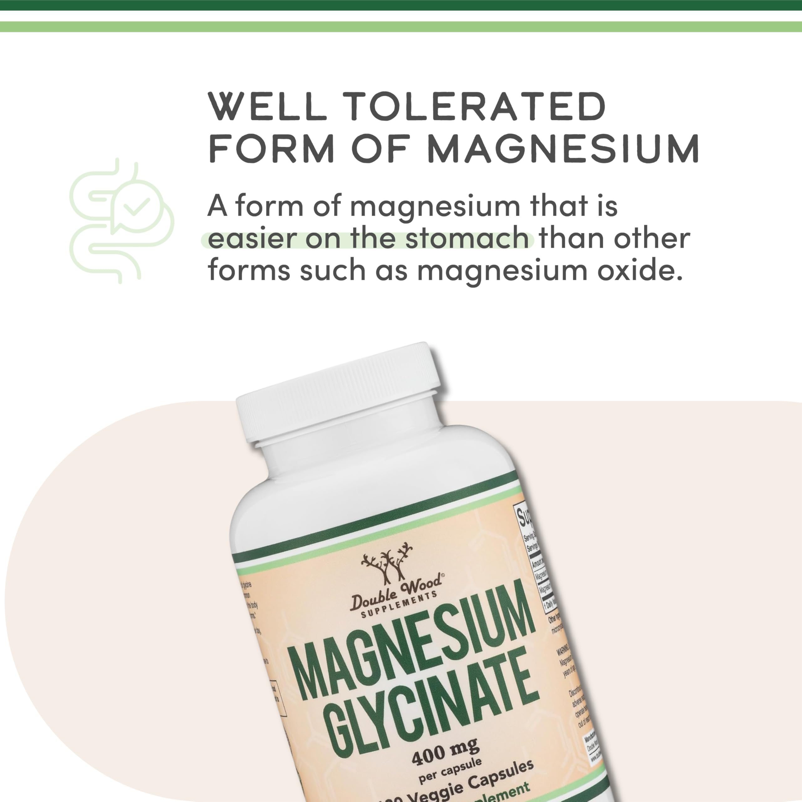 Double Wood Magnesio glicinato 400 mg, etiqueta clara para compra informada del producto.