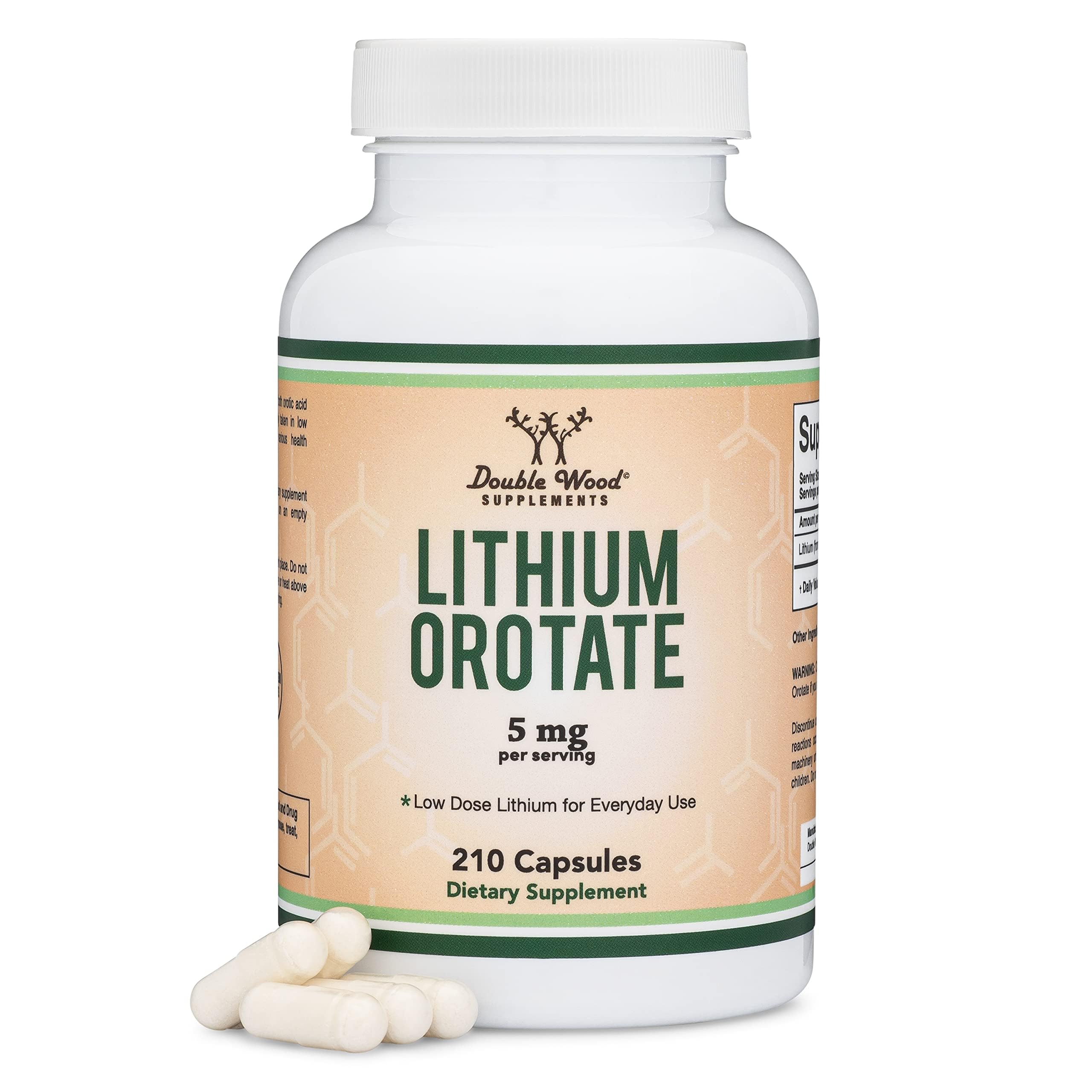 Double Wood Supplements Lithium Orotate cápsulas en frasco para descanso y enfoque.