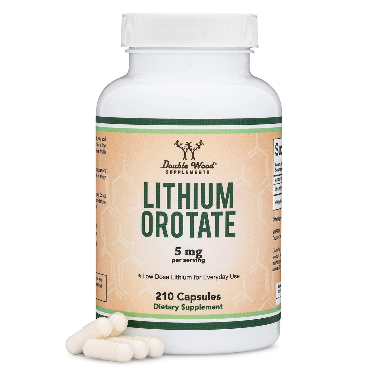Double Wood Supplements Lithium Orotate cápsulas en frasco para descanso y enfoque.